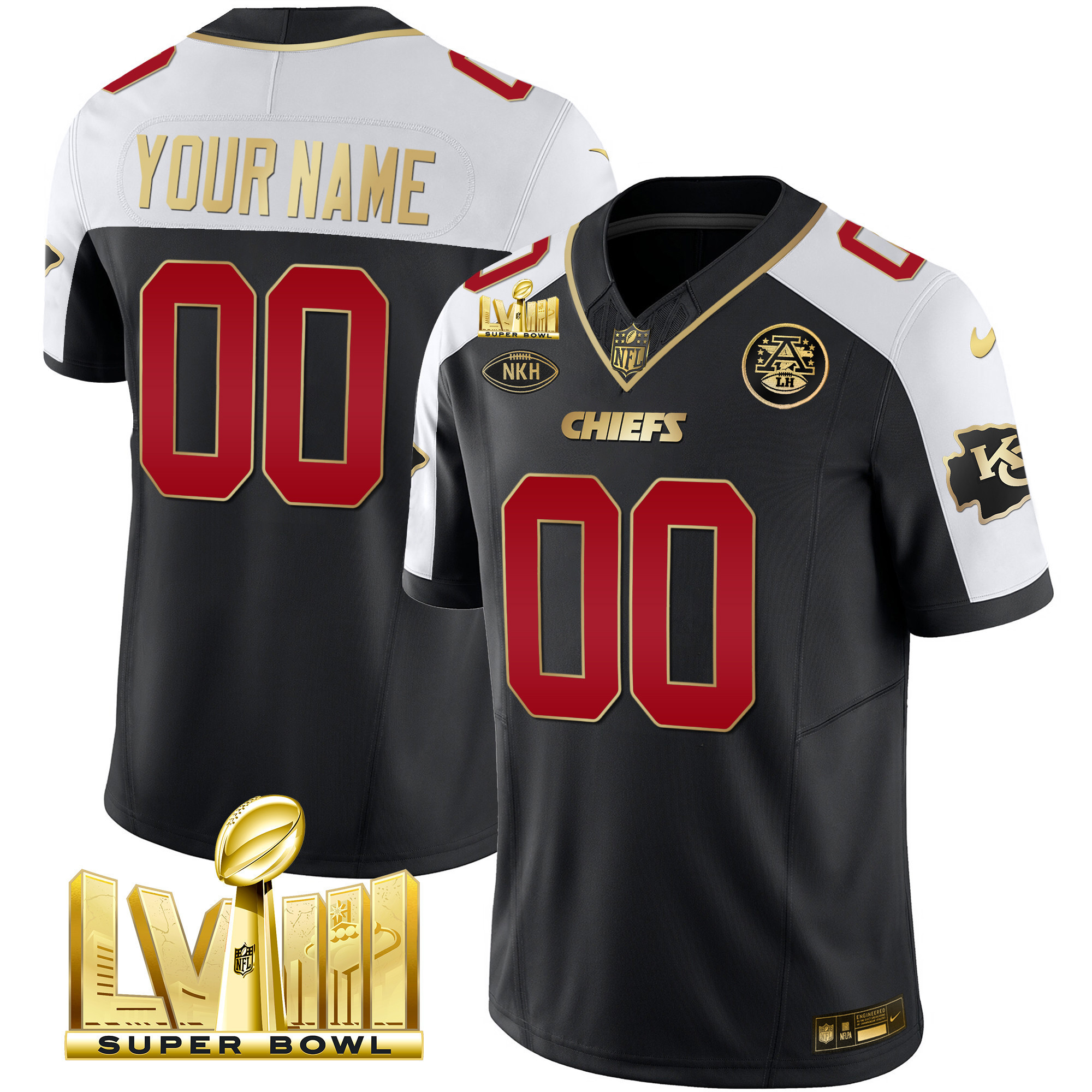 Men's Kansas City Chiefs Super Bowl LVIII Gold Patch Vapor Custom Black Alternate Jersey - All Stitched