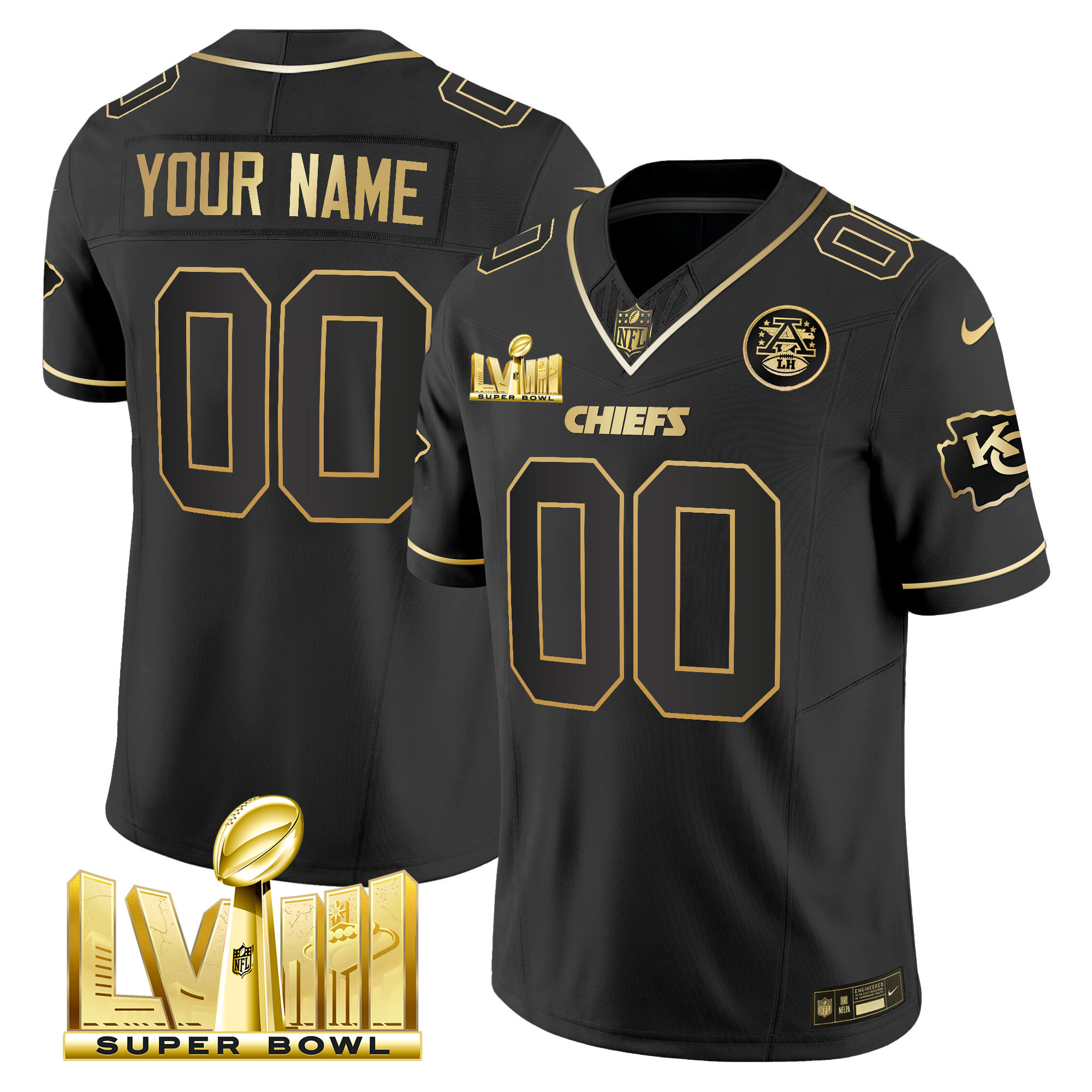 Men's Kansas City Chiefs Super Bowl LVIII Gold Patch Vapor Custom Black Gold Jersey - All Stitched