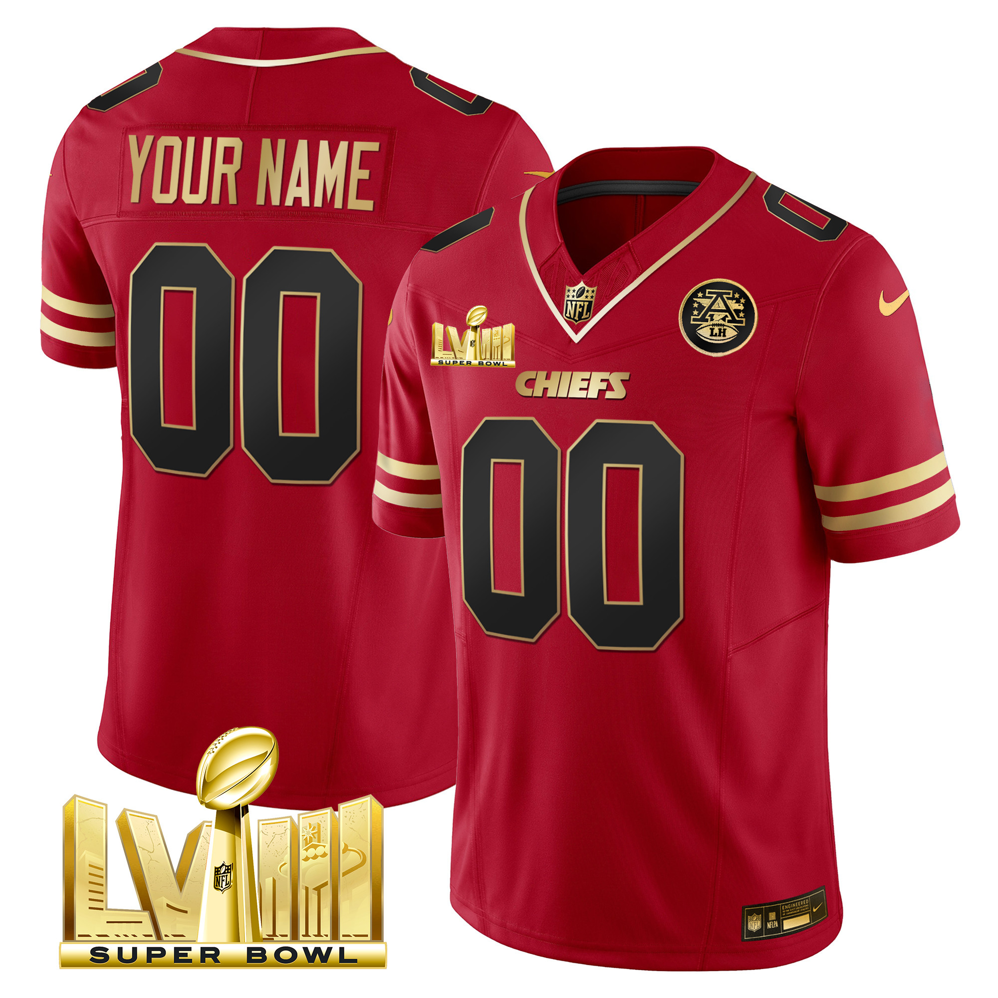 Men's Kansas City Chiefs Super Bowl LVIII Gold Patch Vapor Custom Black Red Jersey - All Stitched