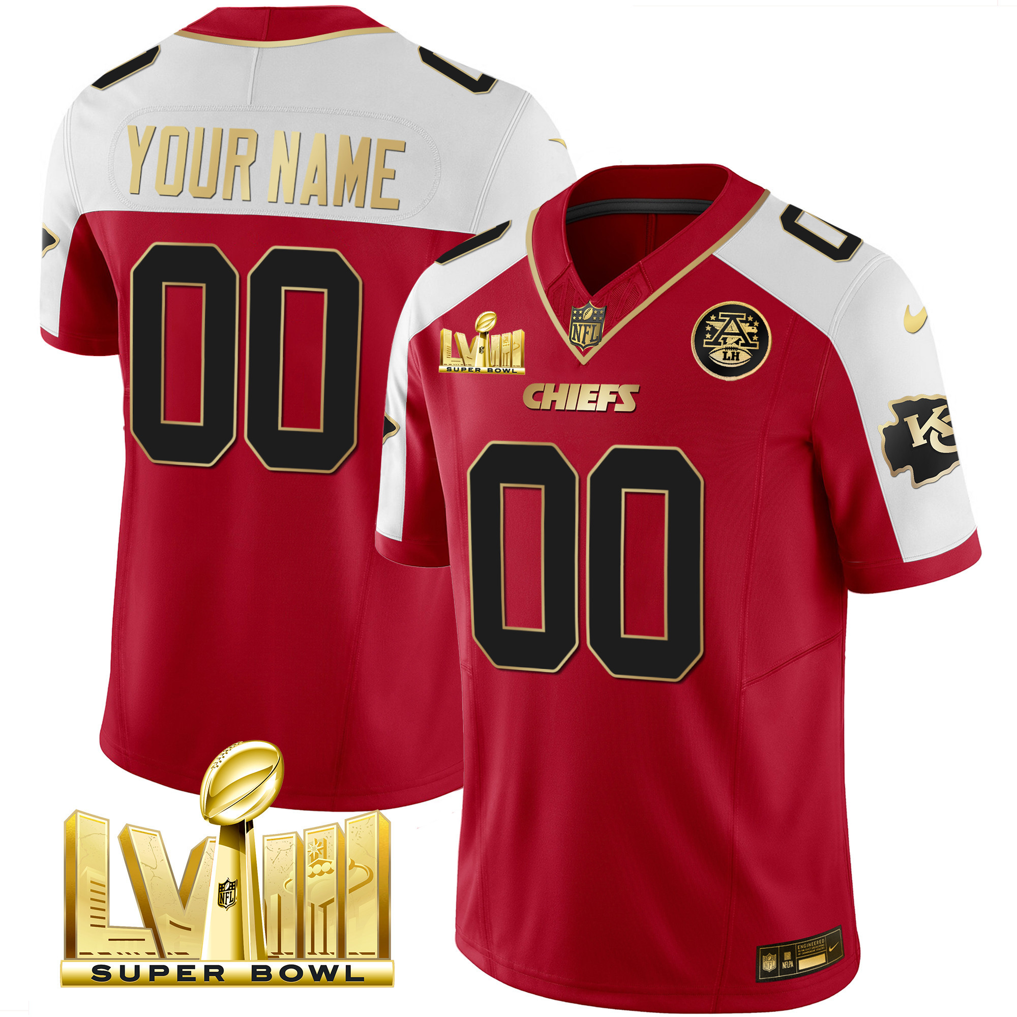 Men's Kansas City Chiefs Super Bowl LVIII Gold Patch Vapor Custom Red Alternate Jersey - All Stitched