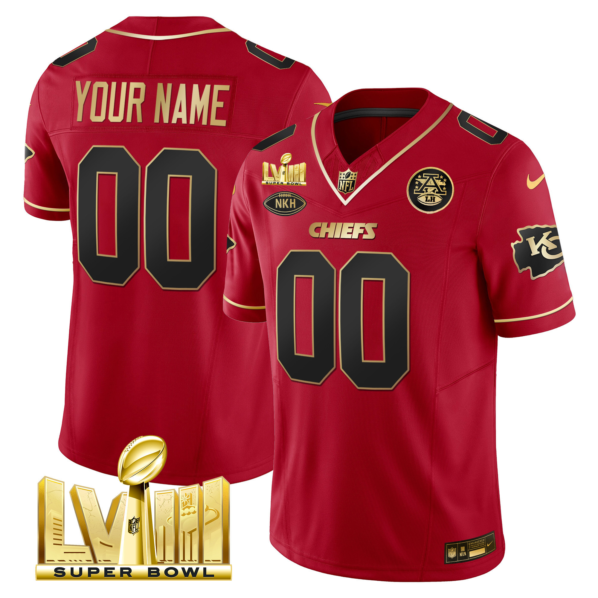 Men's Kansas City Chiefs Super Bowl LVIII Gold Patch Vapor Custom Red Gold Jersey - All Stitched