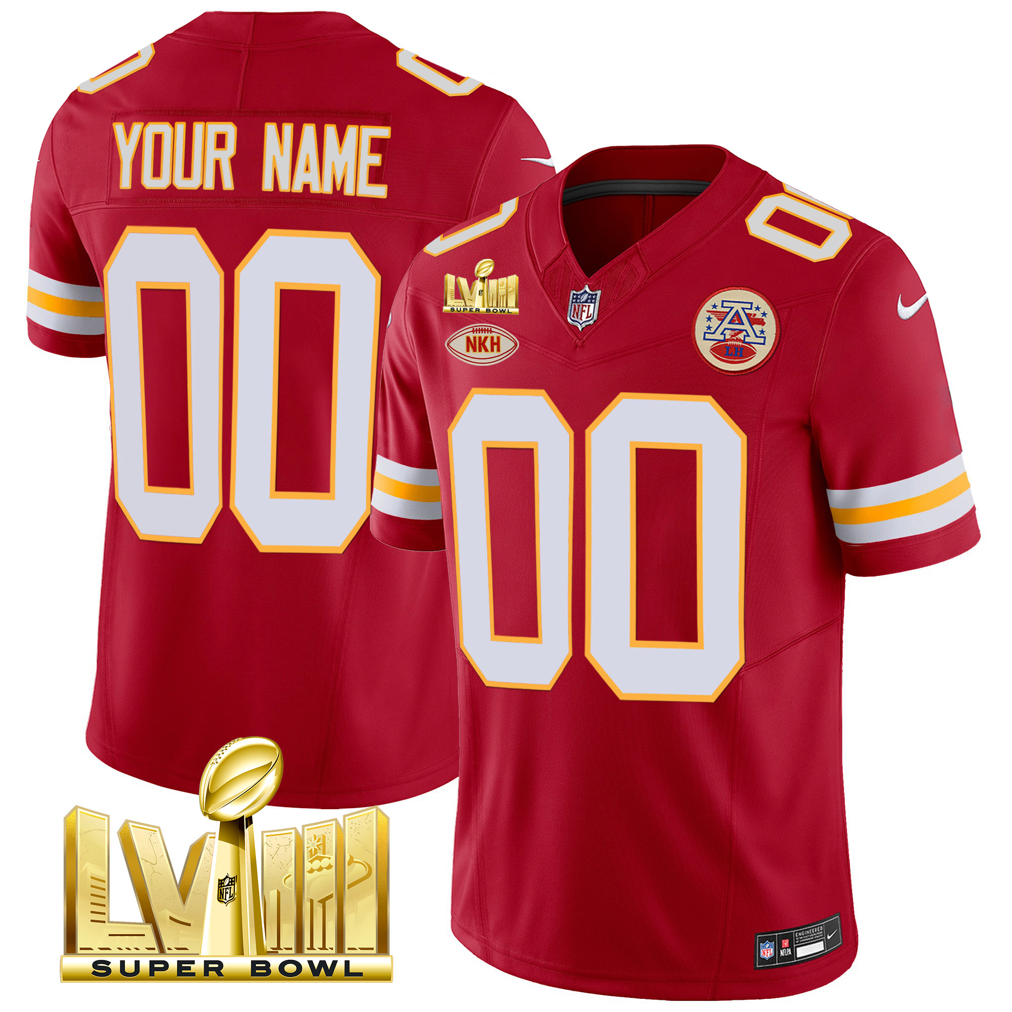 Men's Kansas City Chiefs Super Bowl LVIII Gold Patch Vapor Custom Red Jersey - All Stitched