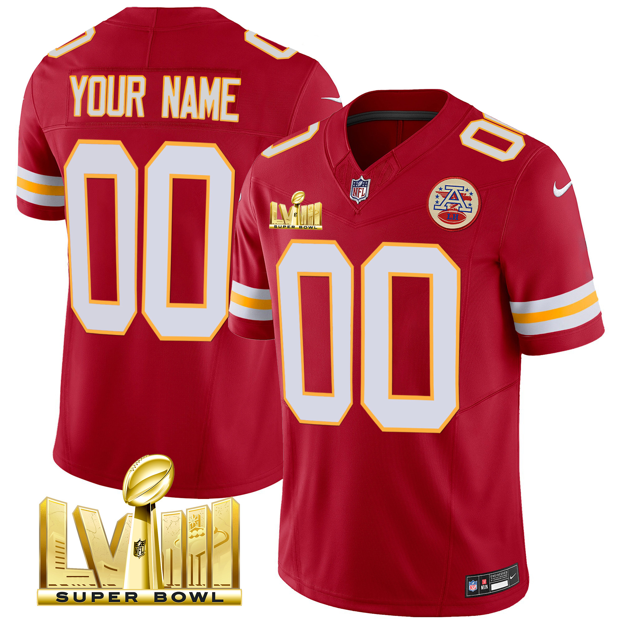 Men's Kansas City Chiefs Super Bowl LVIII Gold Patch Vapor Custom Red Jersey - All Stitched