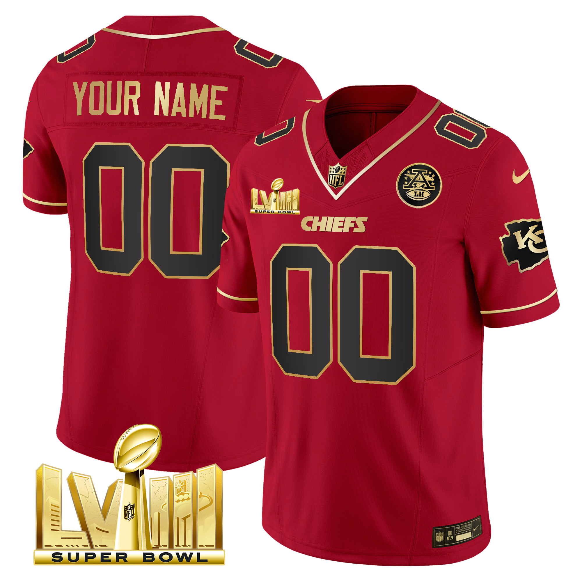 Men's Kansas City Chiefs Super Bowl LVIII Gold Patch Vapor Custom Red Special Jersey - All Stitched