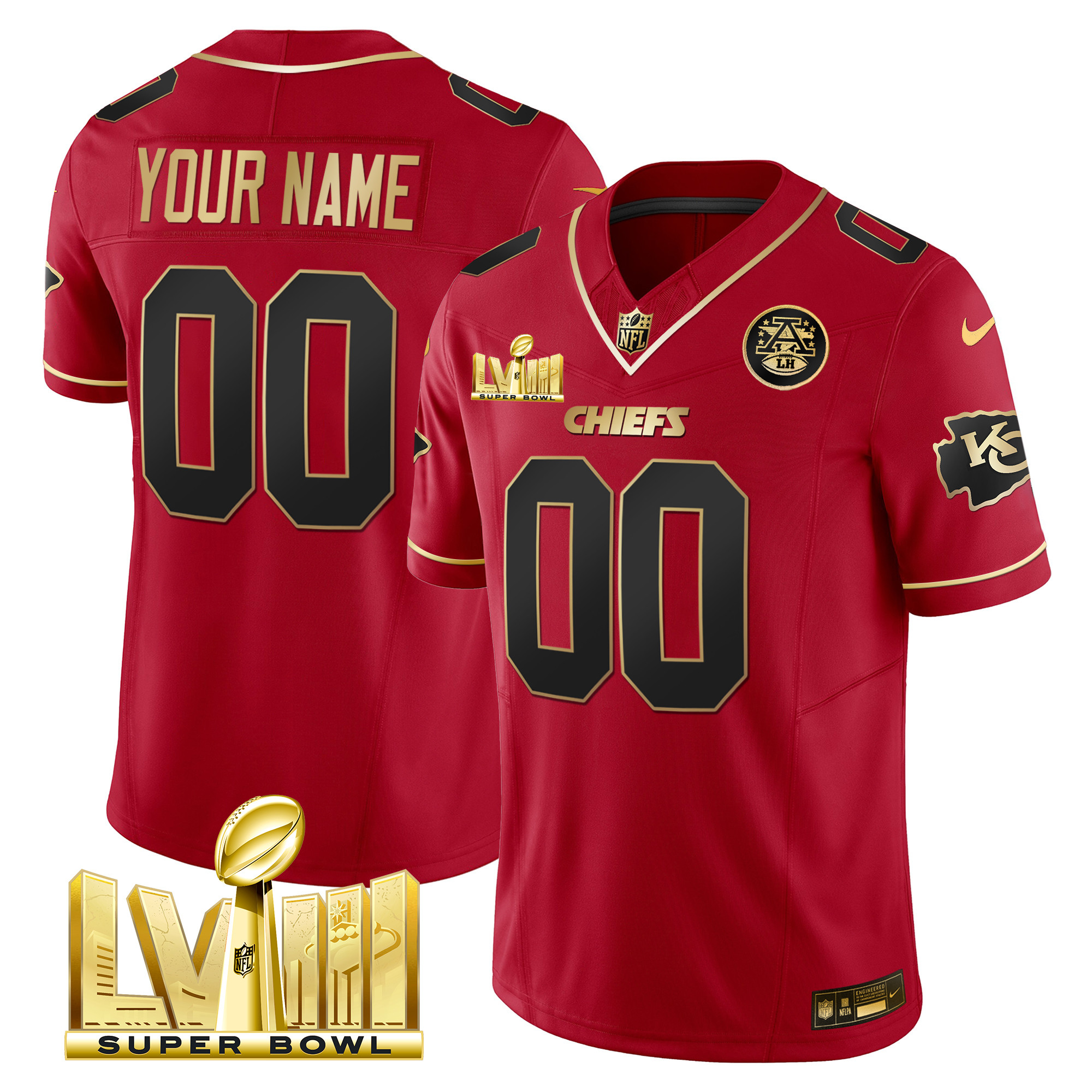 Men's Kansas City Chiefs Super Bowl LVIII Gold Patch Vapor Custom Red Special Jersey - All Stitched