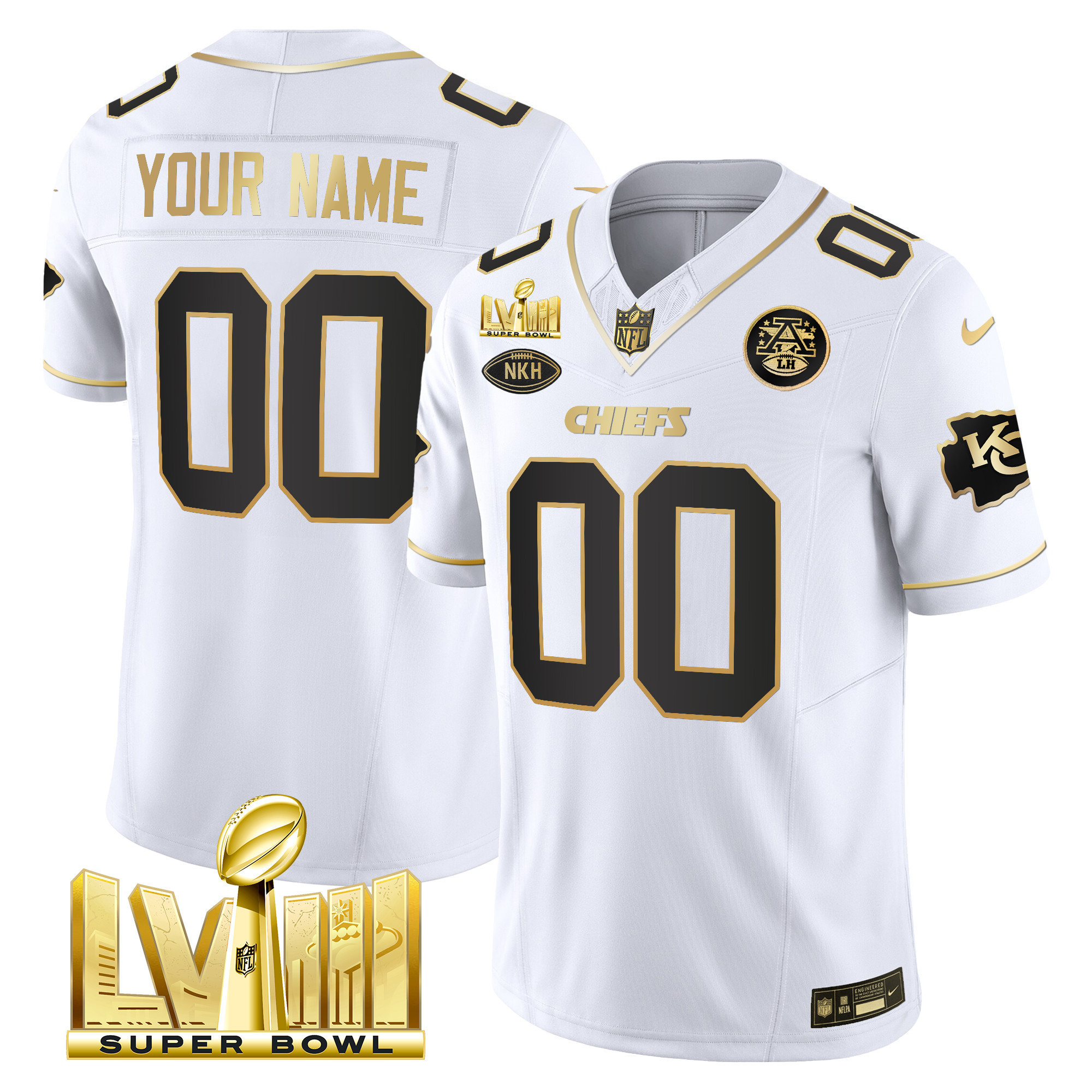 Men's Kansas City Chiefs Super Bowl LVIII Gold Patch Vapor Custom White Gold Jersey - All Stitched