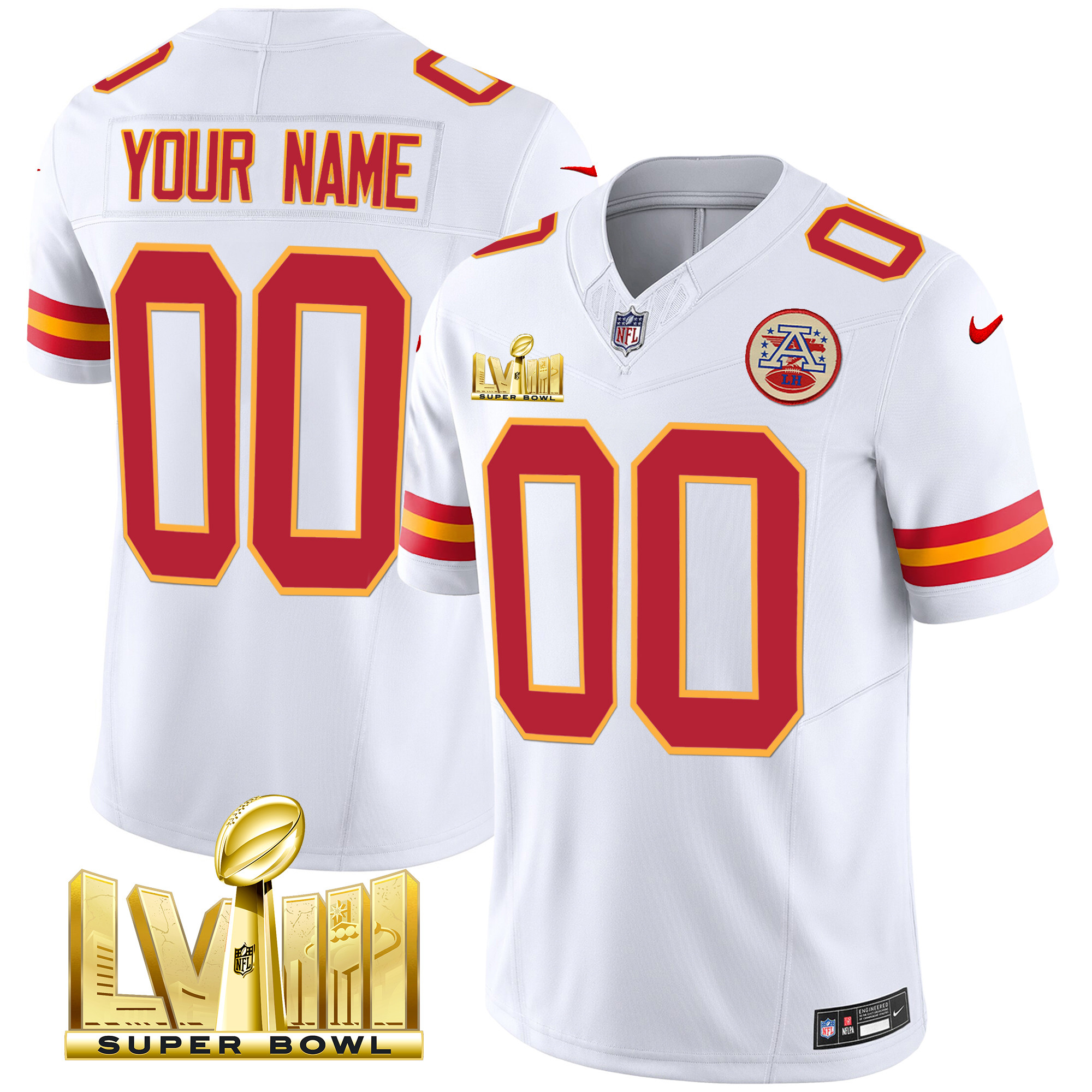 Men's Kansas City Chiefs Super Bowl LVIII Gold Patch Vapor Custom White Jersey - All Stitched