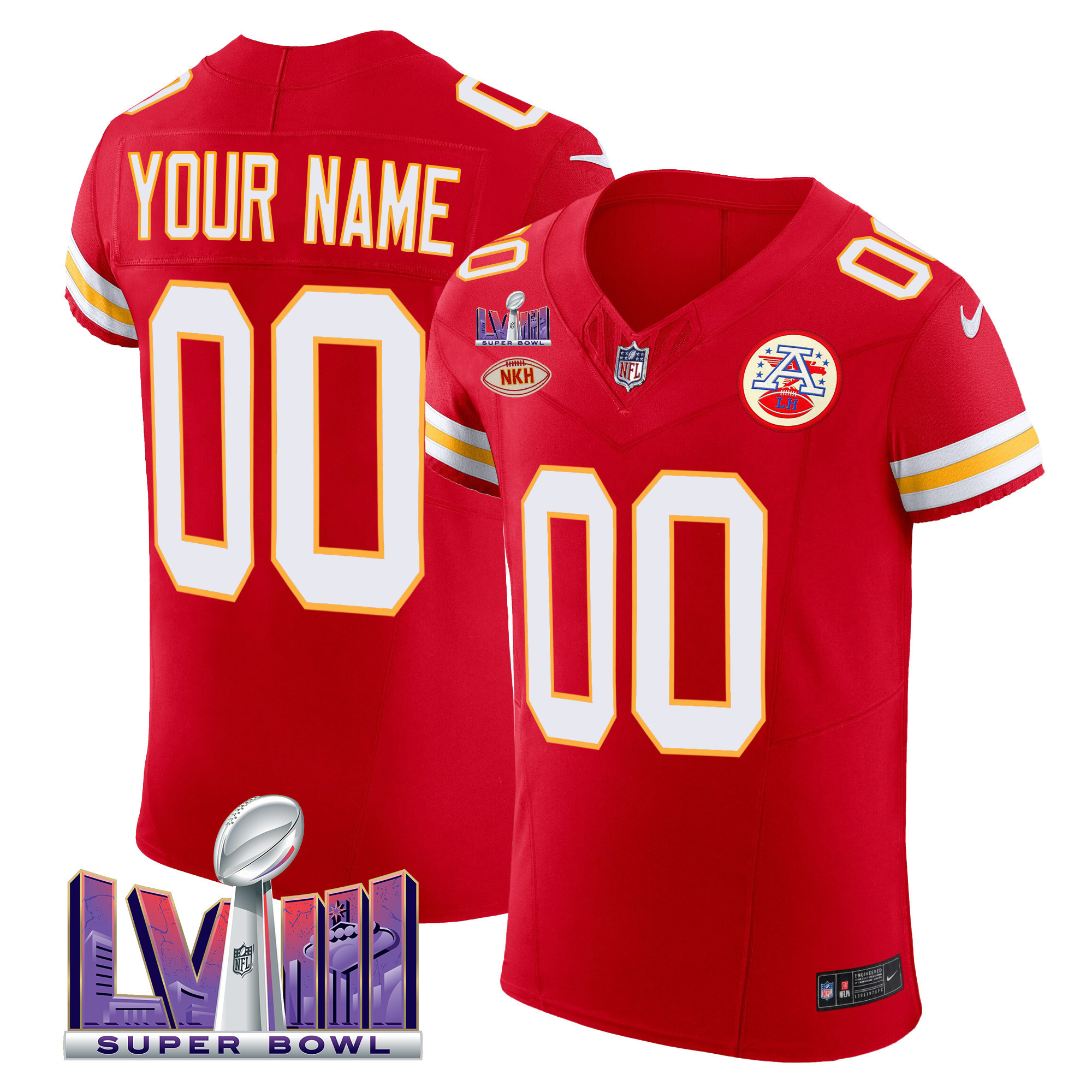 Men's Kansas City Chiefs Super Bowl LVIII Gold Patch Vapor Elite Custom Red Jersey - All Stitched