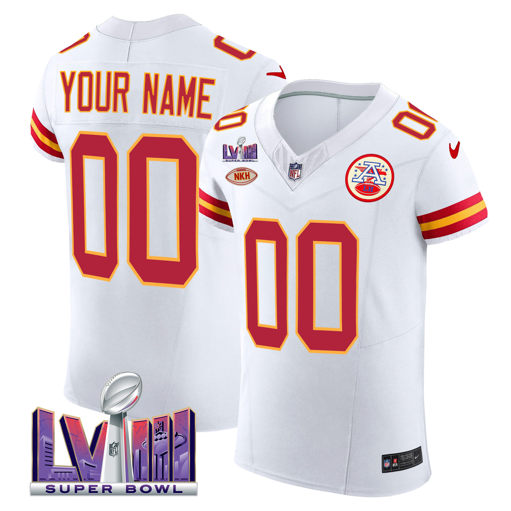 Men's Kansas City Chiefs Super Bowl LVIII Gold Patch Vapor Elite Custom White Jersey - All Stitched