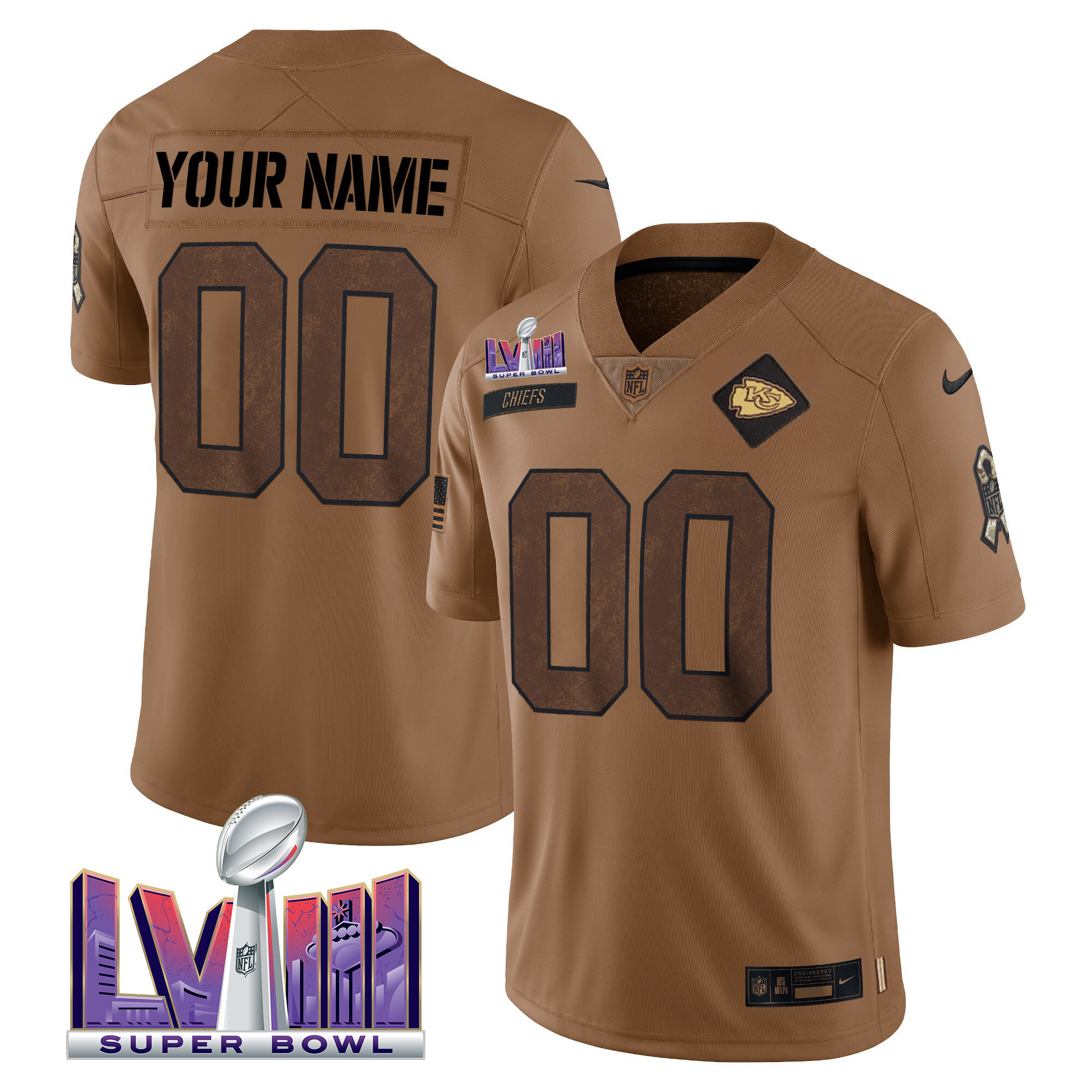 Men's Kansas City Chiefs Super Bowl LVIII Patch Salute To Service Brown Limited Custom Brown Jersey - All Stitched