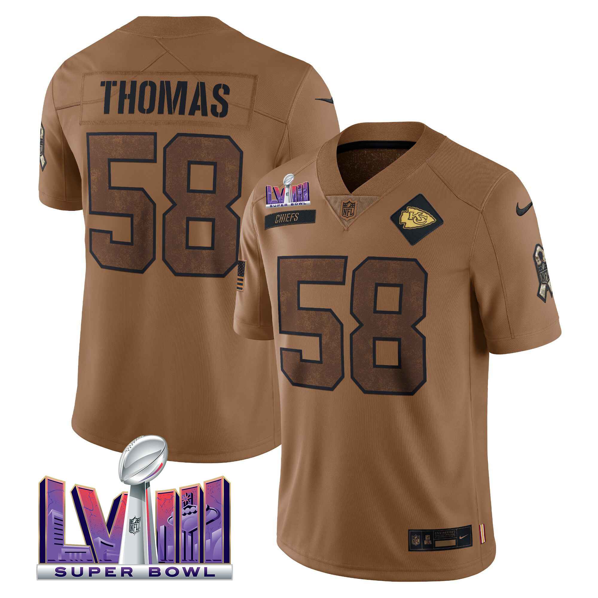 Men's Kansas City Chiefs Super Bowl LVIII Patch Salute To Service Brown Limited Derrick Thomas Jersey - All Stitched