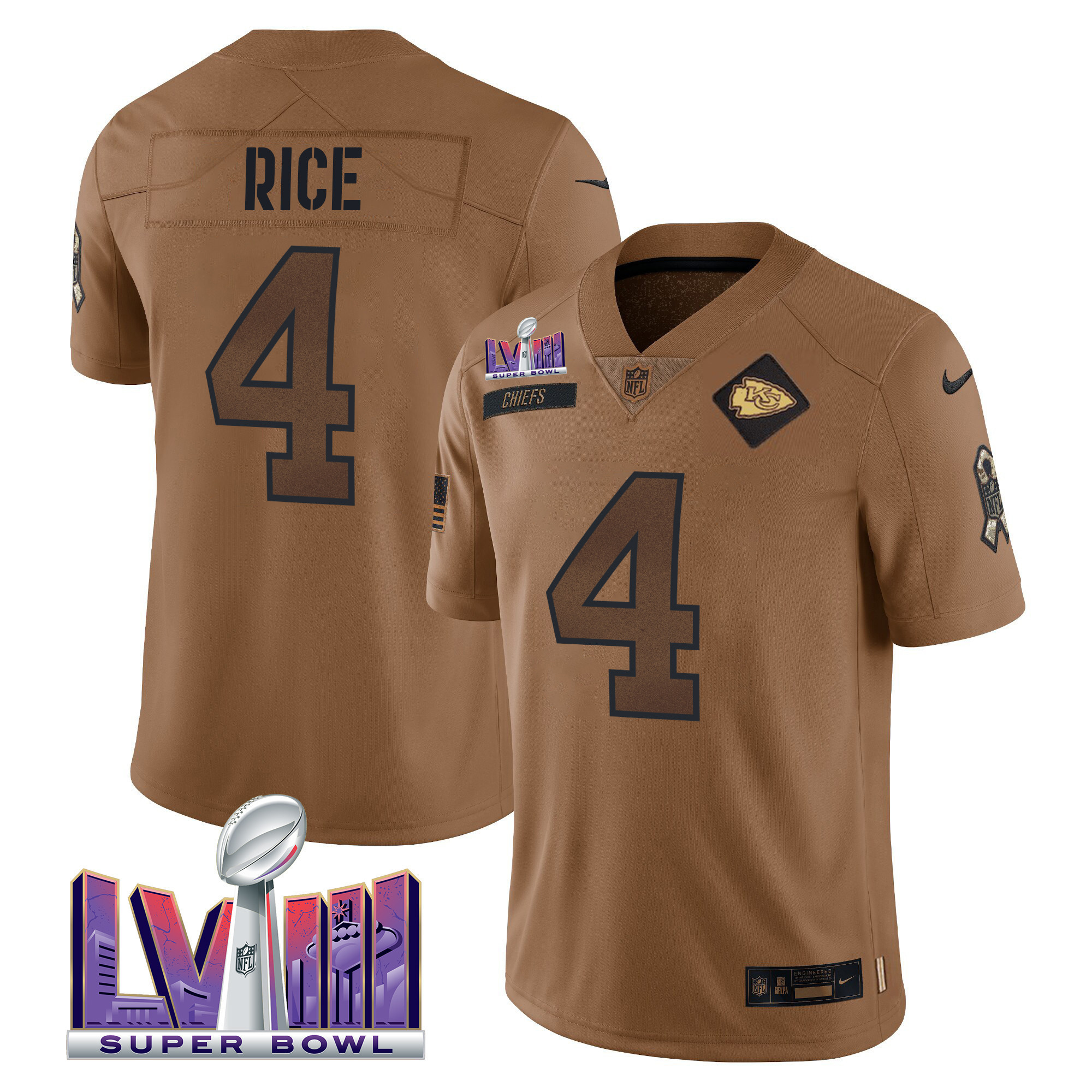 Men's Kansas City Chiefs Super Bowl LVIII Patch Salute To Service Brown Limited Rashee Rice Jersey - All Stitched