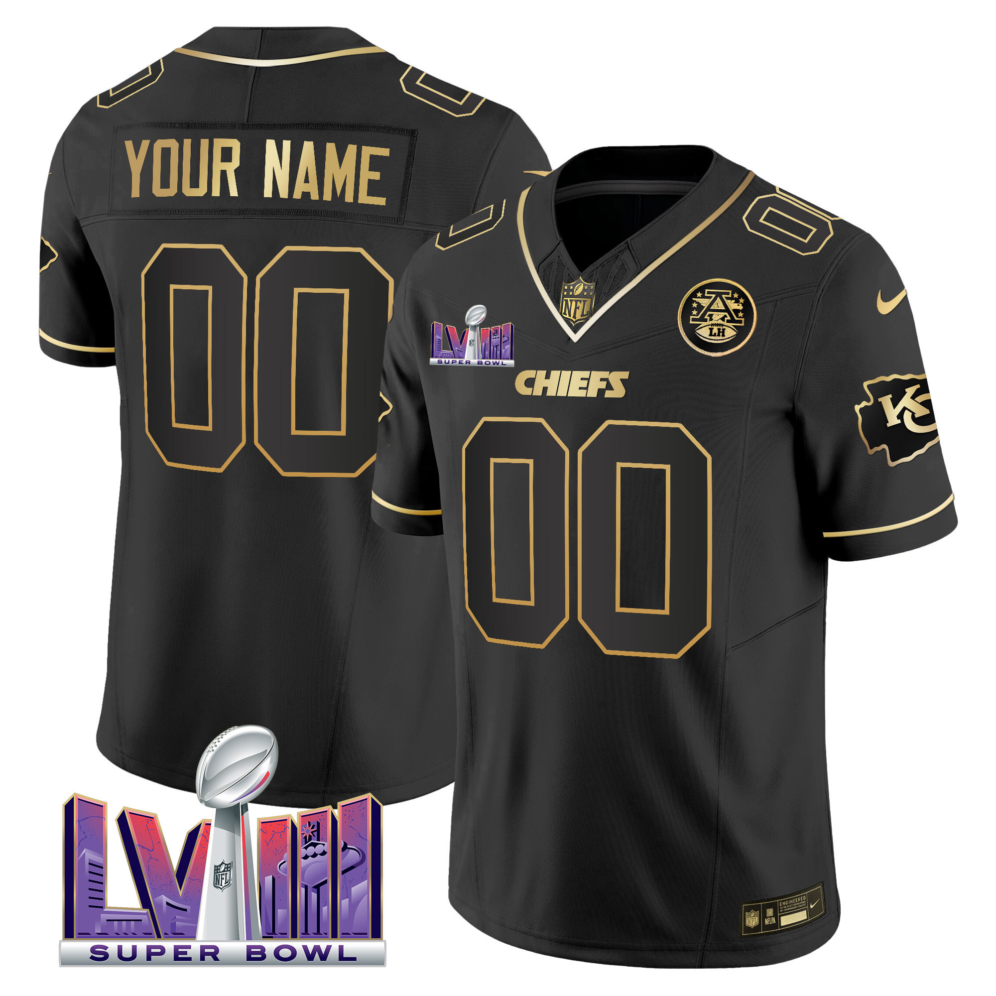 Men's Kansas City Chiefs Super Bowl LVIII Patch Vapor Custom Black Gold Jersey - All Stitched