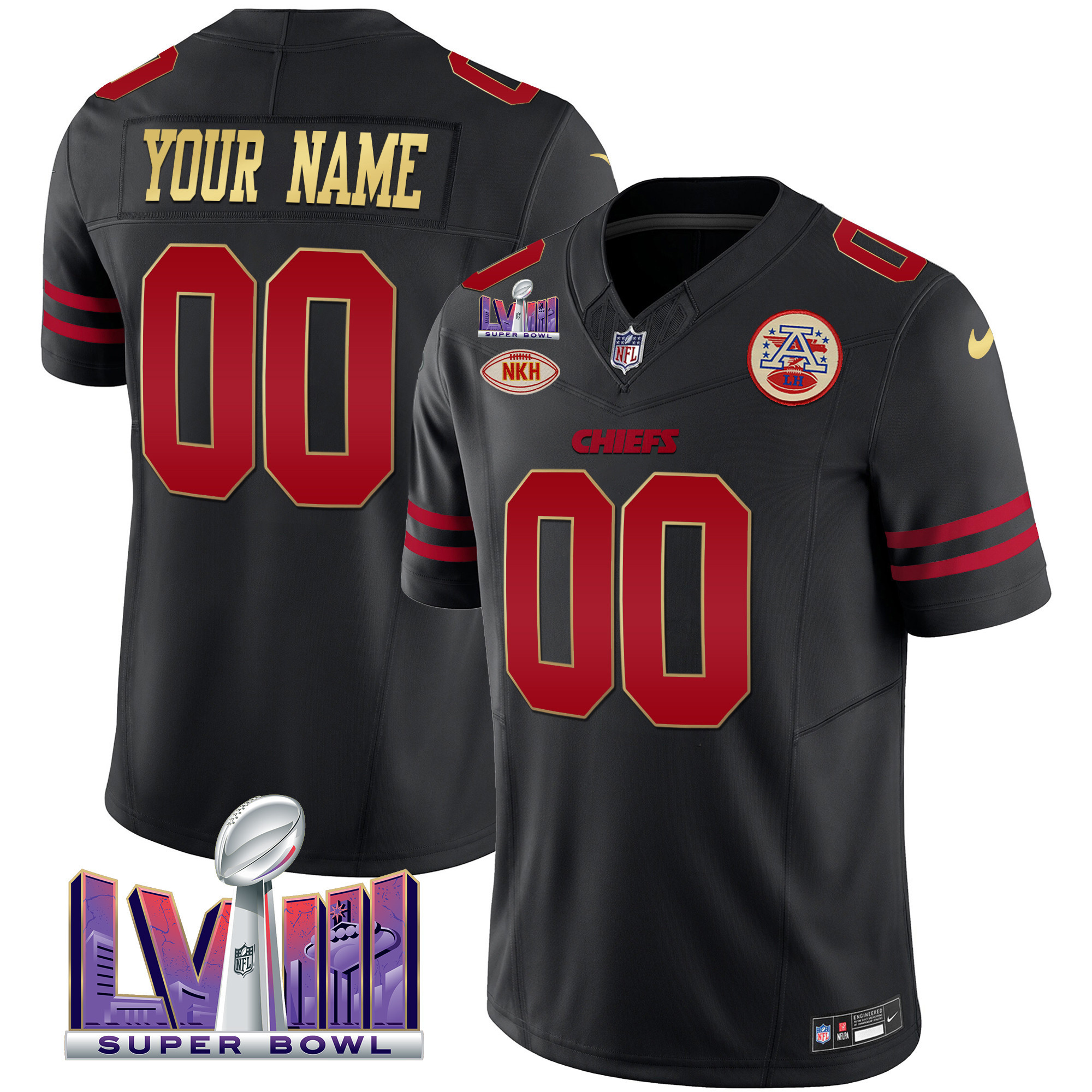Men's Kansas City Chiefs Super Bowl LVIII Patch Vapor Custom Gold Trim Jersey - All Stitched
