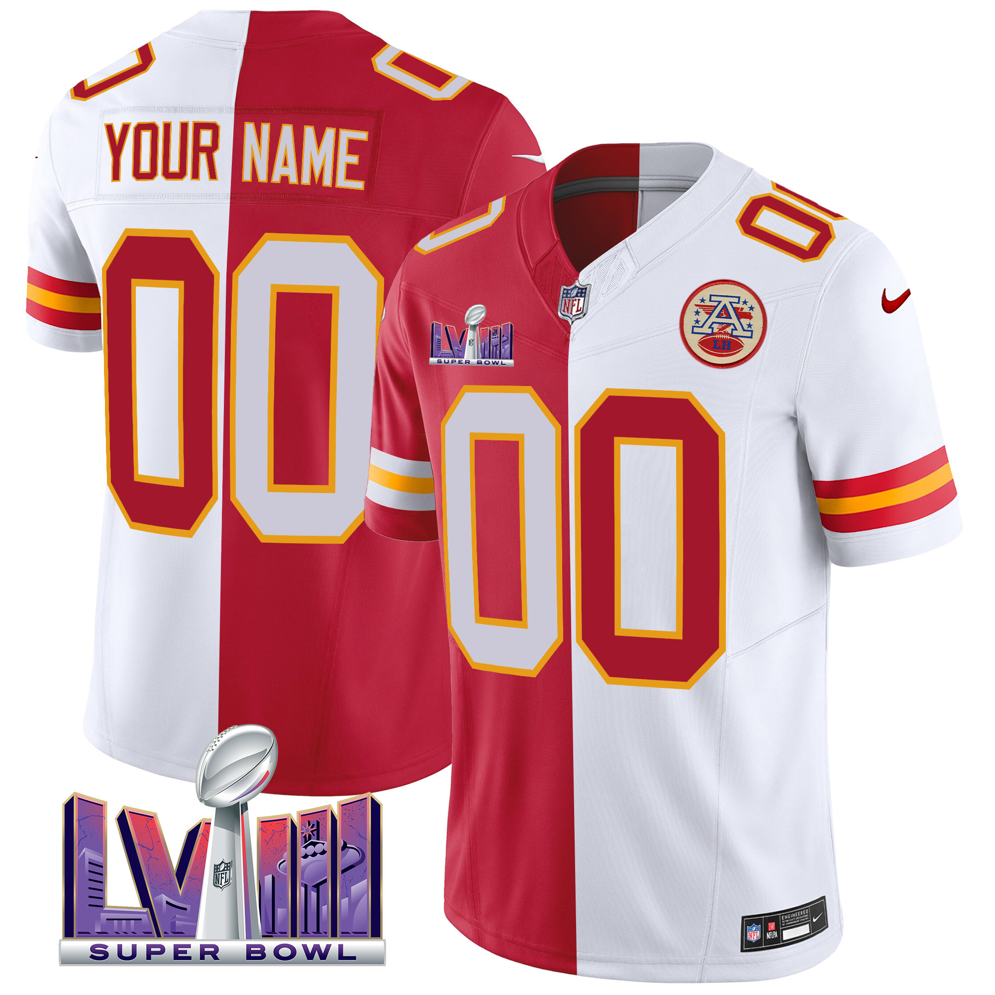 Men's Kansas City Chiefs Super Bowl LVIII Patch Vapor Custom Split Jersey - All Stitched