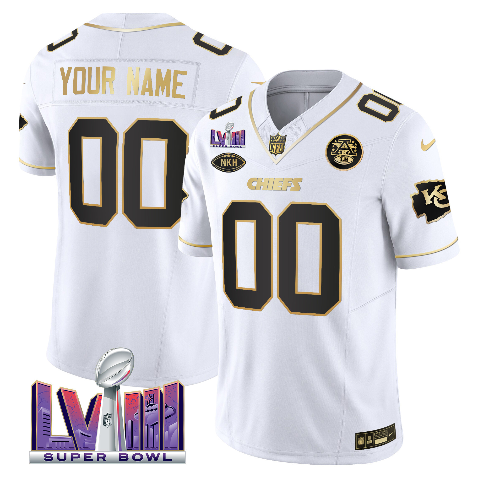Men's Kansas City Chiefs Super Bowl LVIII Patch Vapor Custom White Gold Jersey - All Stitched