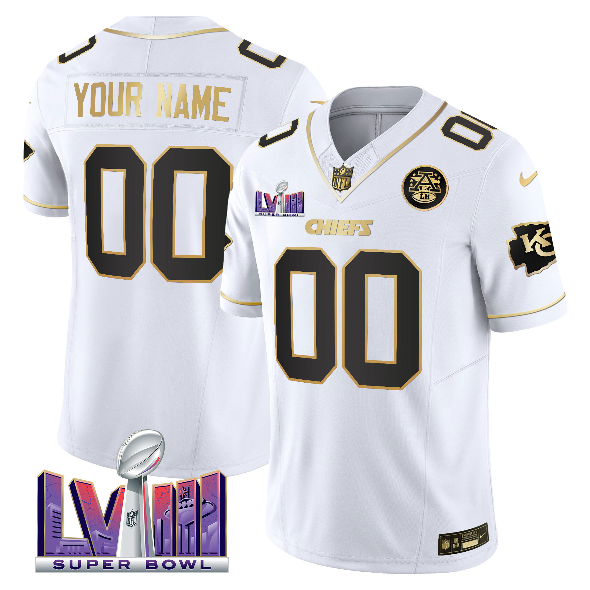 Men's Kansas City Chiefs Super Bowl LVIII Patch Vapor Custom White Gold Jersey - All Stitched