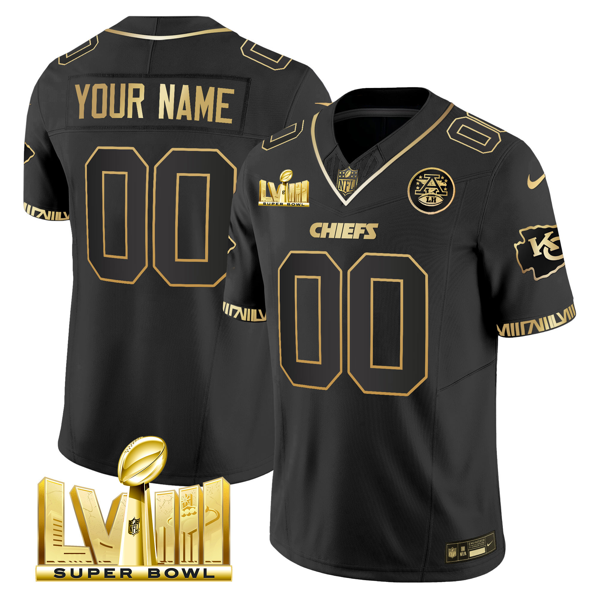 Men's Kansas City Chiefs Super Bowl LVIII Pattern Gold Vapor Custom Black Gold Jersey - All Stitched