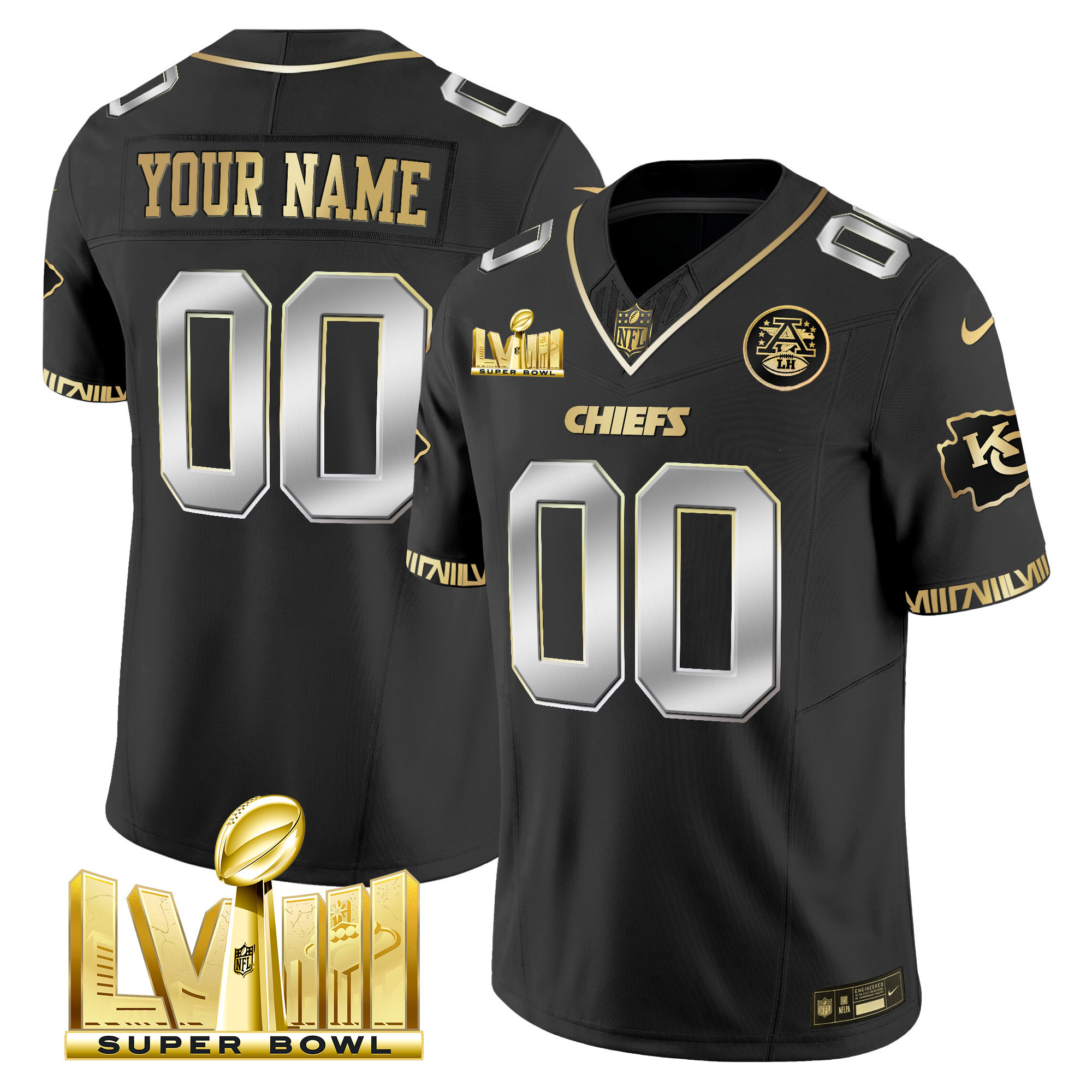 Men's Kansas City Chiefs Super Bowl LVIII Pattern Gold Vapor Custom Black Limited Jersey - All Stitched