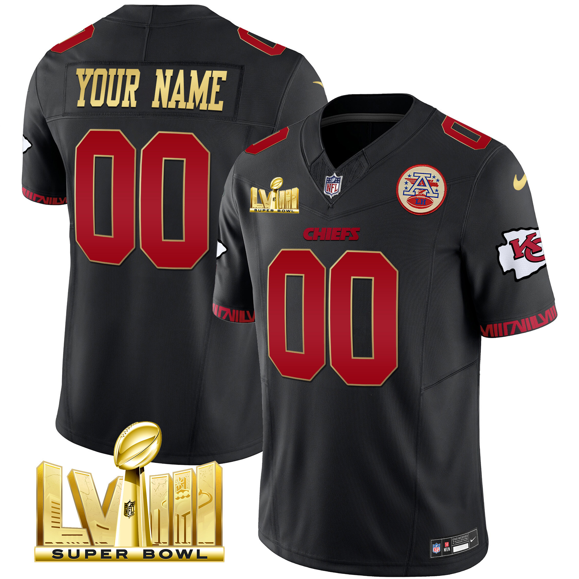 Men's Kansas City Chiefs Super Bowl LVIII Pattern Gold Vapor Custom Gold Trim Jersey - All Stitched