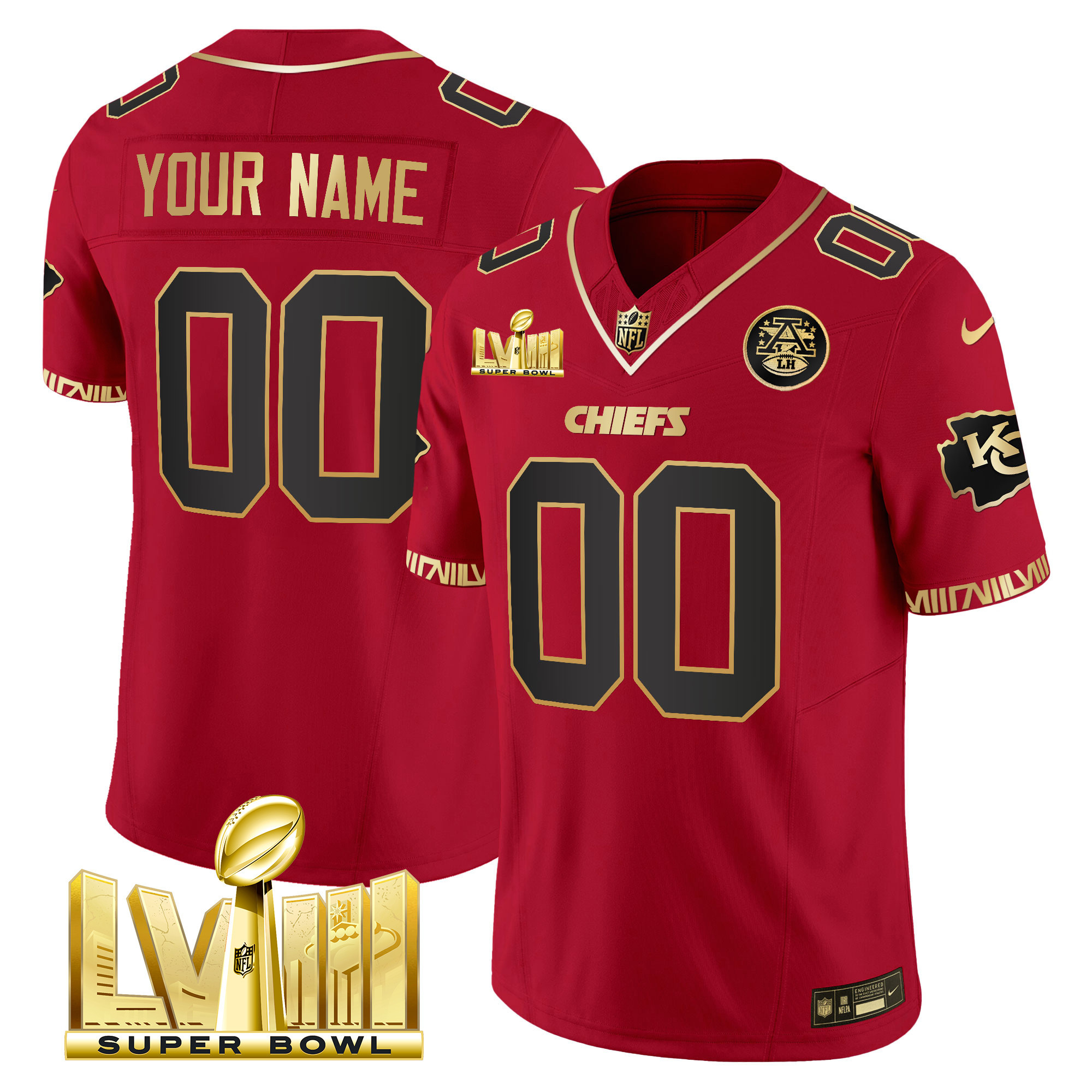 Men's Kansas City Chiefs Super Bowl LVIII Pattern Gold Vapor Custom Red Gold Jersey - All Stitched