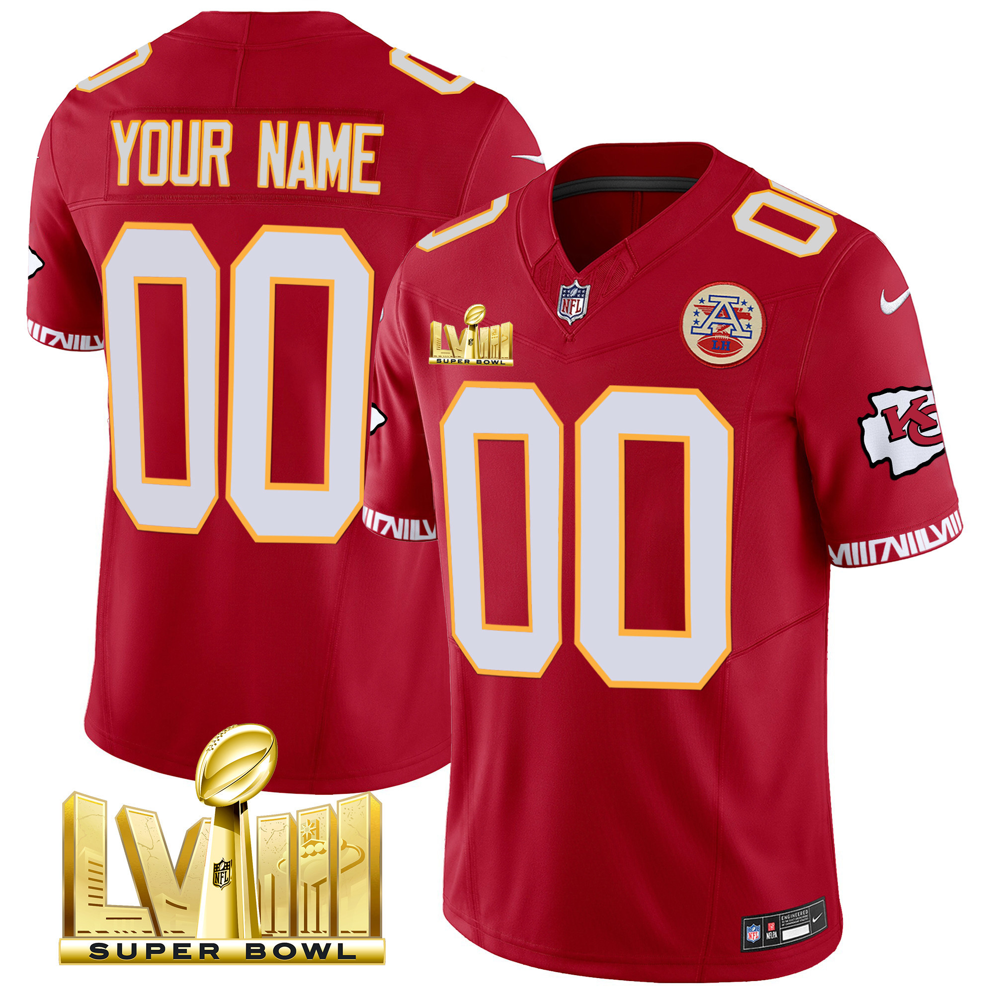 Men's Kansas City Chiefs Super Bowl LVIII Pattern Gold Vapor Custom Red Jersey - All Stitched