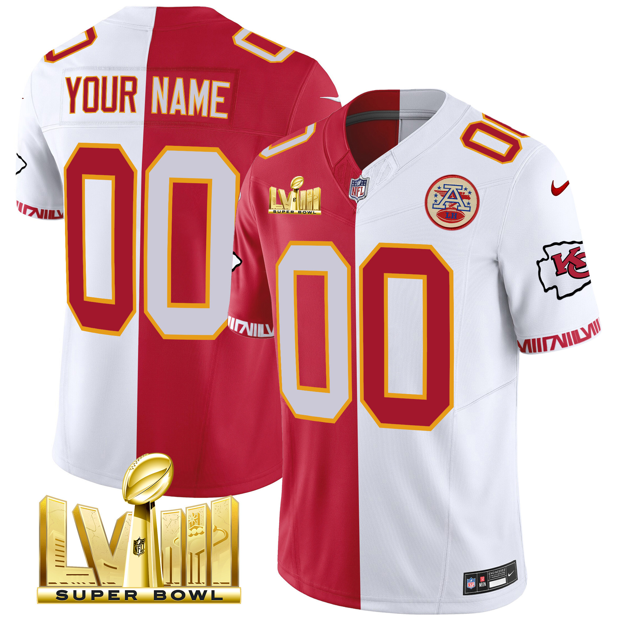 Men's Kansas City Chiefs Super Bowl LVIII Pattern Gold Vapor Custom Split Jersey - All Stitched