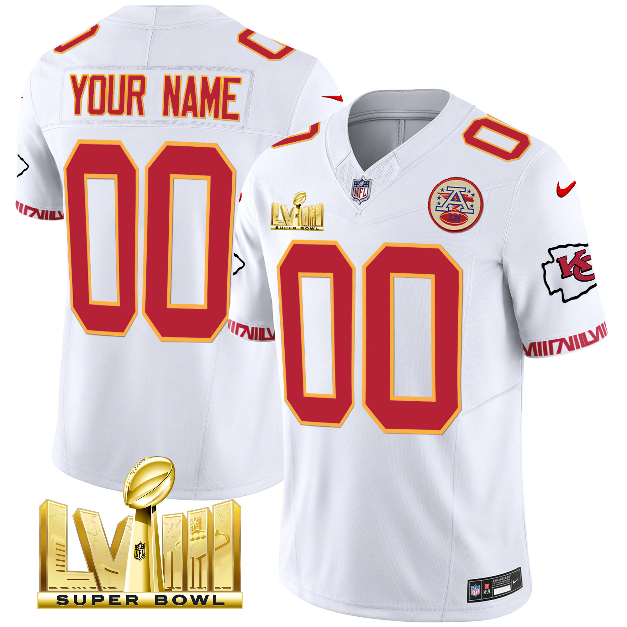 Men's Kansas City Chiefs Super Bowl LVIII Pattern Gold Vapor Custom White Jersey - All Stitched