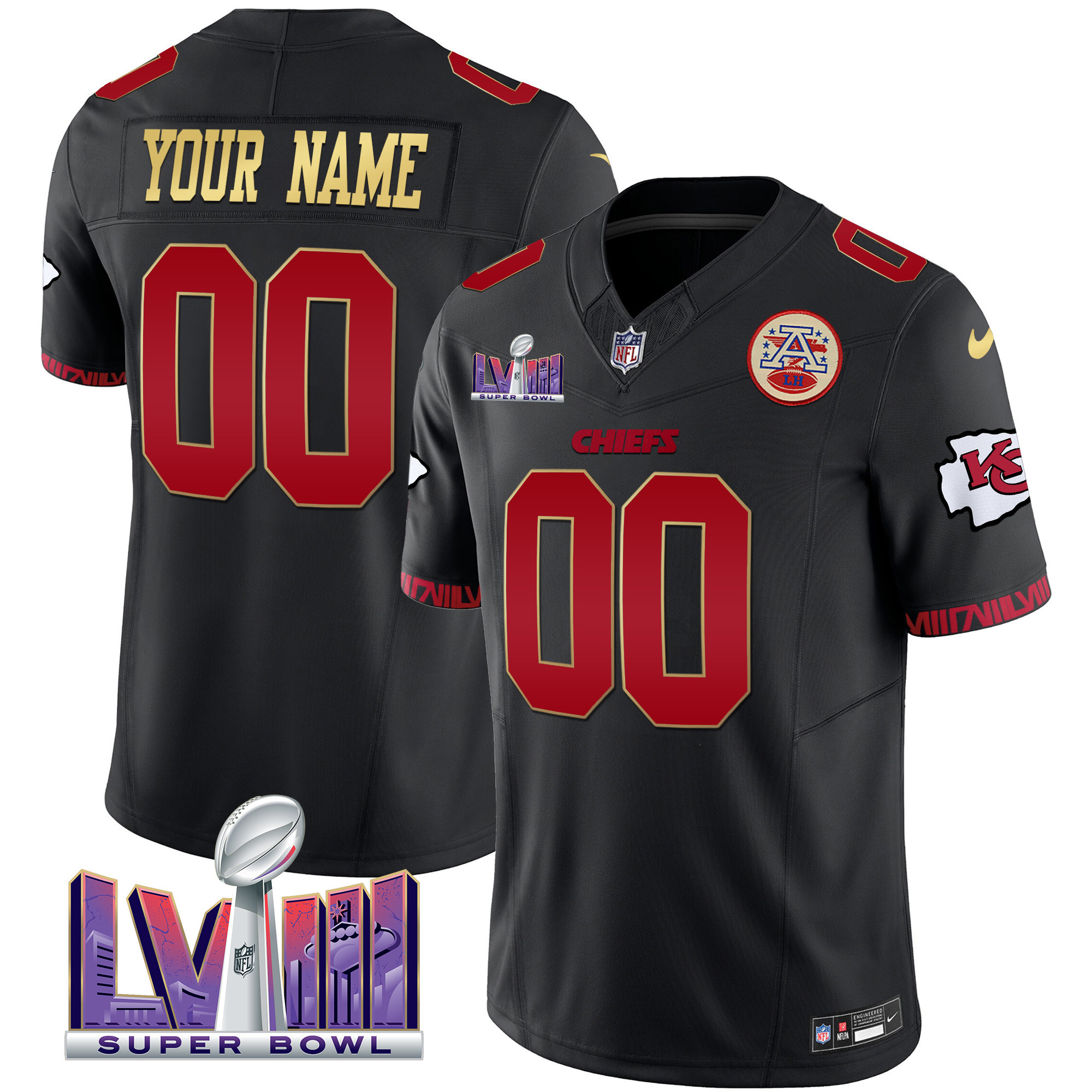 Men's Kansas City Chiefs Super Bowl LVIII Pattern Vapor Custom Gold Trim Jersey - All Stitched