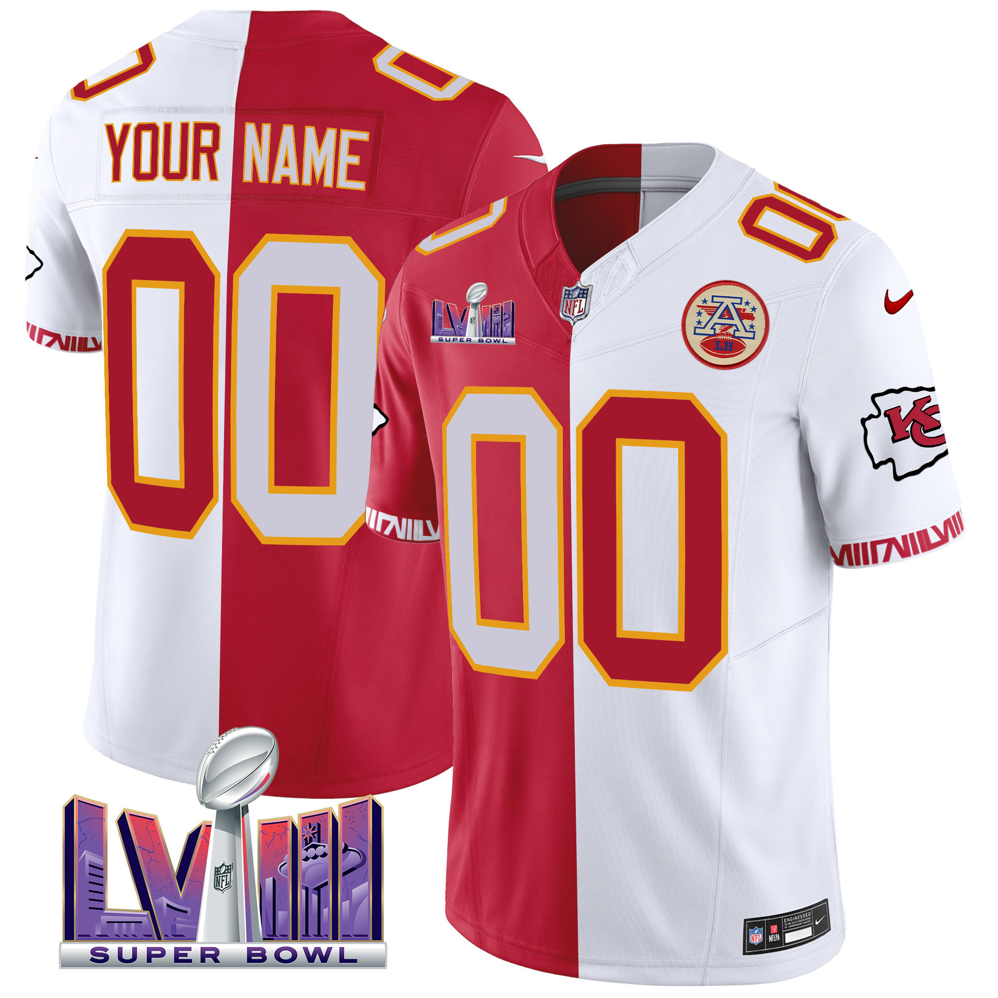 Men's Kansas City Chiefs Super Bowl LVIII Pattern Vapor Custom Split Jersey - All Stitched