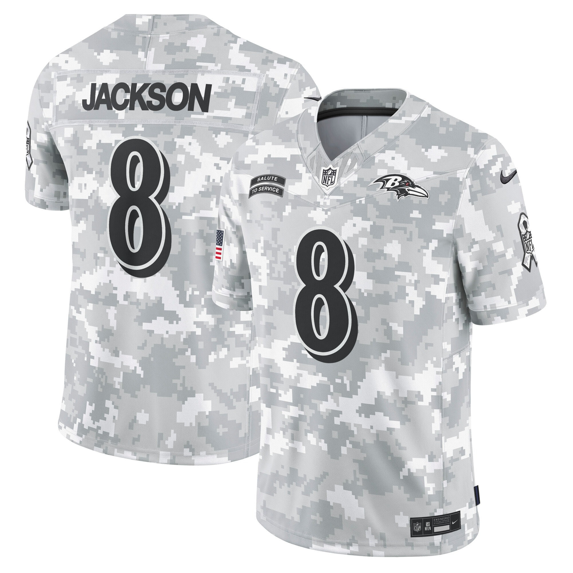 Men's Lamar Jackson Baltimore Ravens 2024 Salute to Service Vapor Limited Arctic Camo Jersey - All Stitched