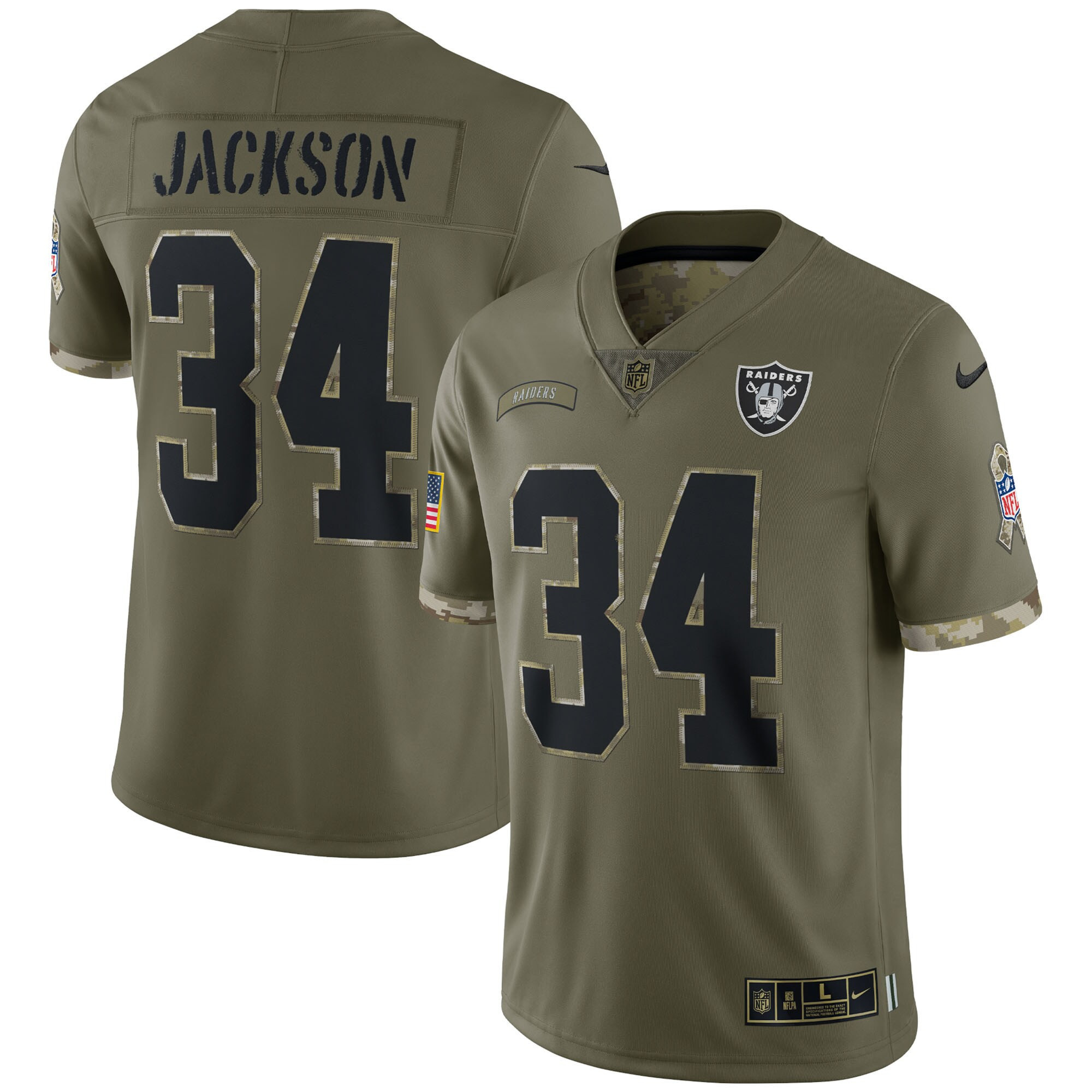 Men's Las Vegas Raiders 2022 Salute To Service Retired Player Limited - Olive - All Stitched Bo Jackson Jersey - All Stitched