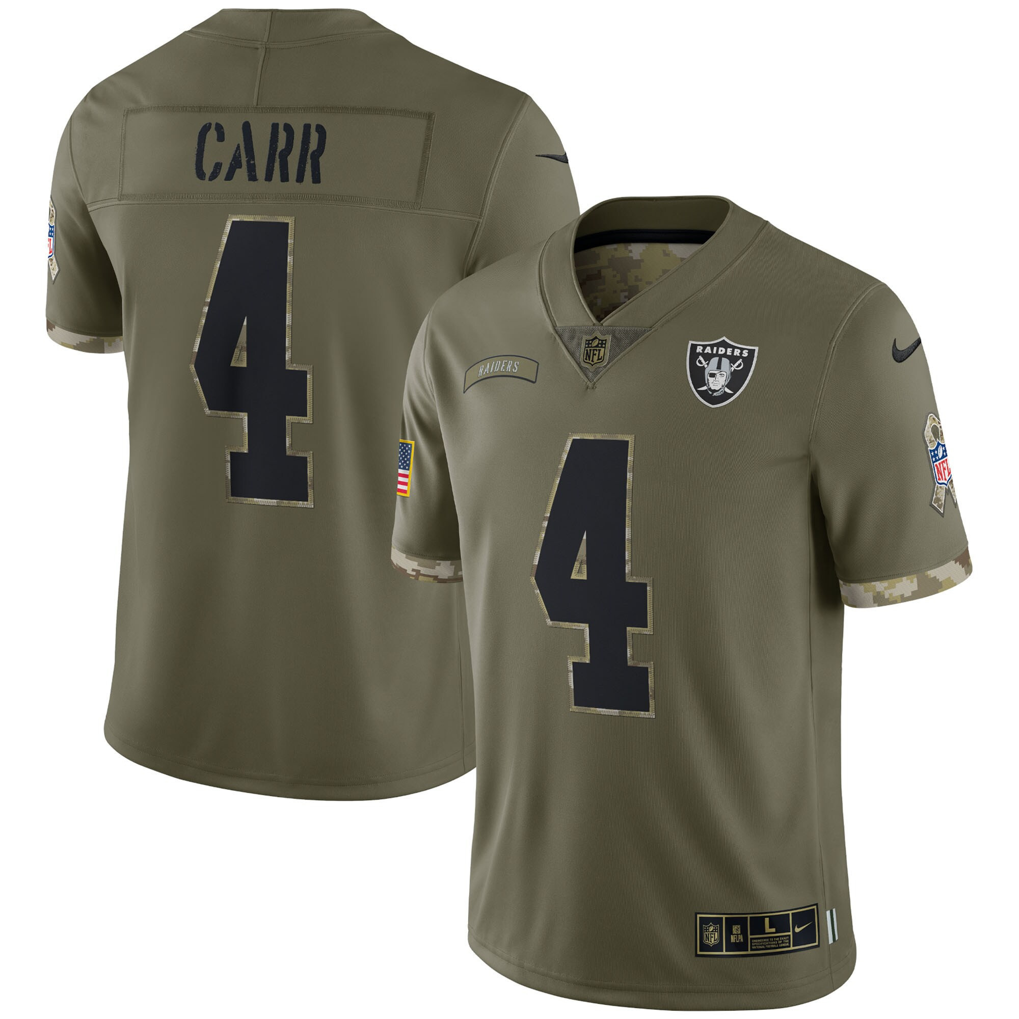 Men's Las Vegas Raiders 2022 Salute To Service Retired Player Limited - Olive - All Stitched Derek Carr Jersey - All Stitched