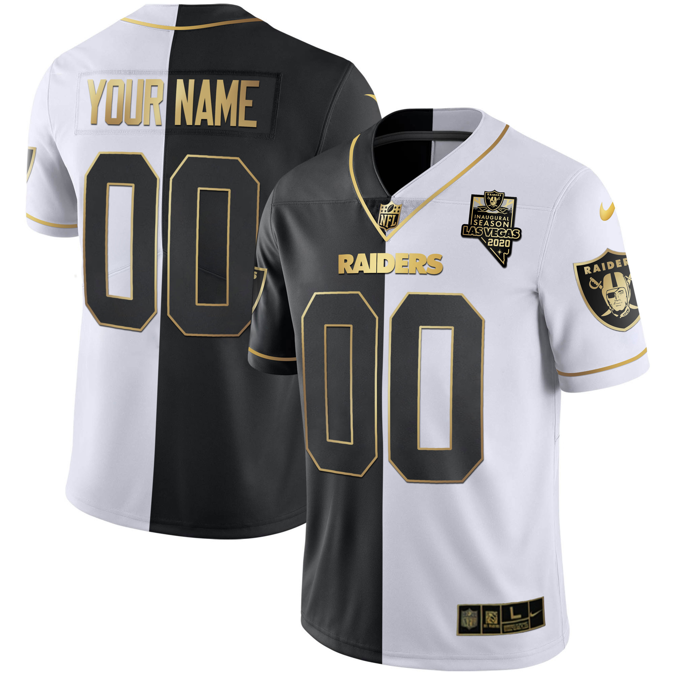 Men's Las Vegas Raiders Inaugural Season Patch Gold & Split Custom Name and Number - All Stitched Split Gold Jersey - All Stitched