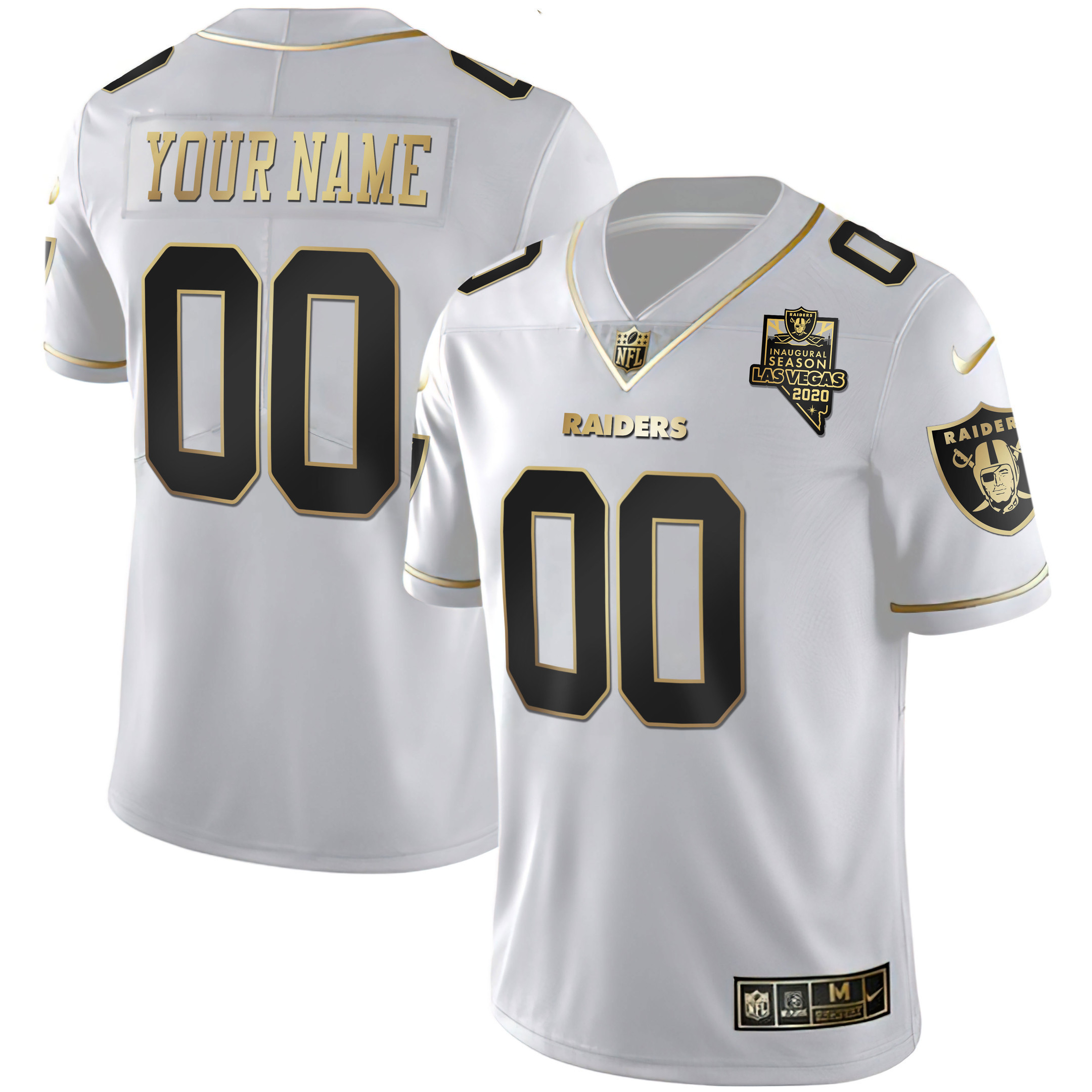 Men's Las Vegas Raiders Inaugural Season Patch Gold & Split Custom Name and Number - All Stitched White Gold Jersey - All Stitched