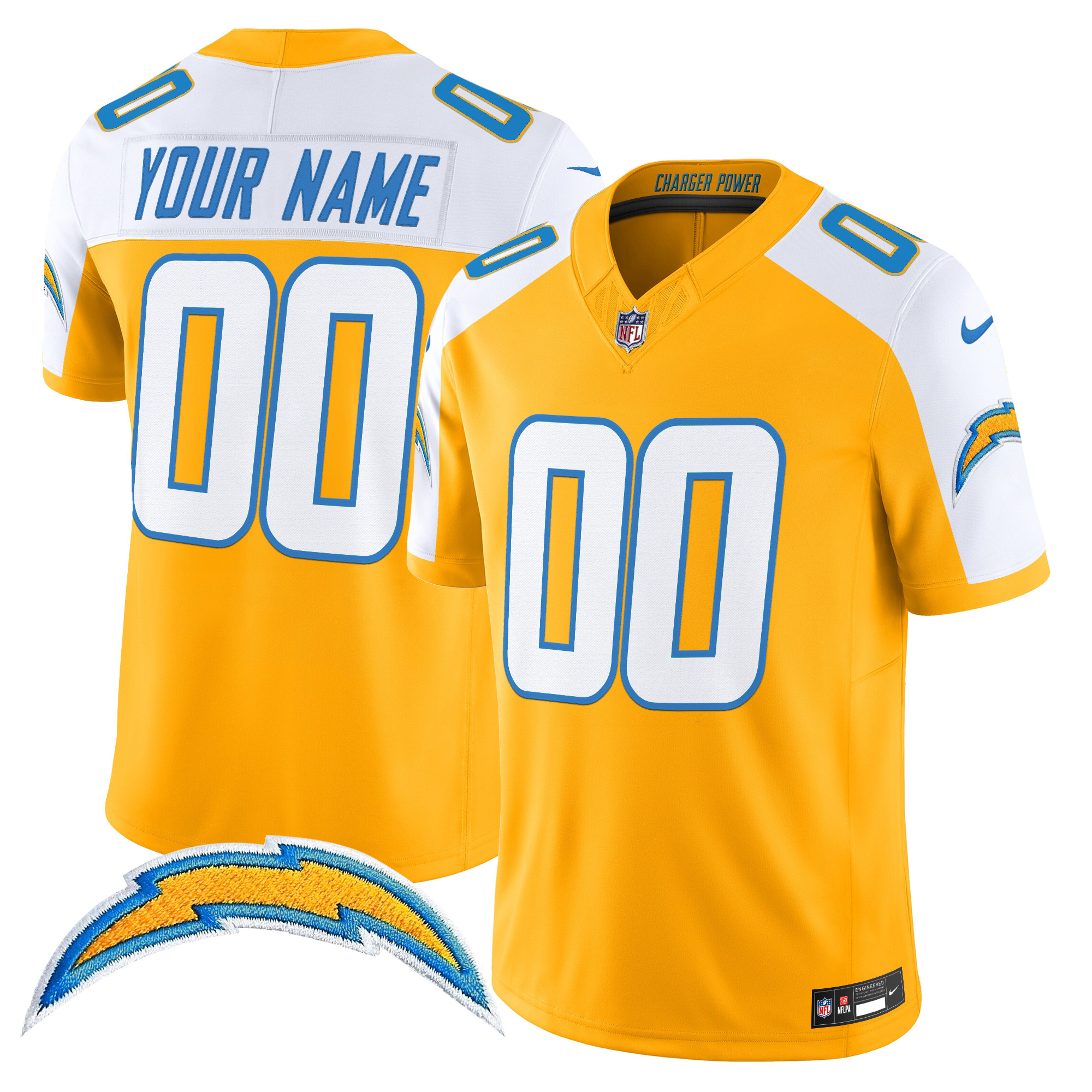 Men's Los Angeles Chargers 2025 Alternate Charger Power Vapor Limited Custom Gold Alternate Jersey - All Stitched