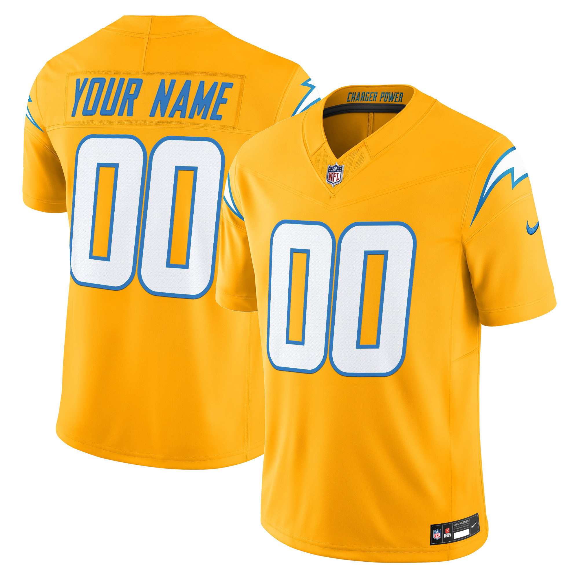 Men's Los Angeles Chargers 2025 Alternate Charger Power Vapor Limited Custom Gold Jersey - All Stitched