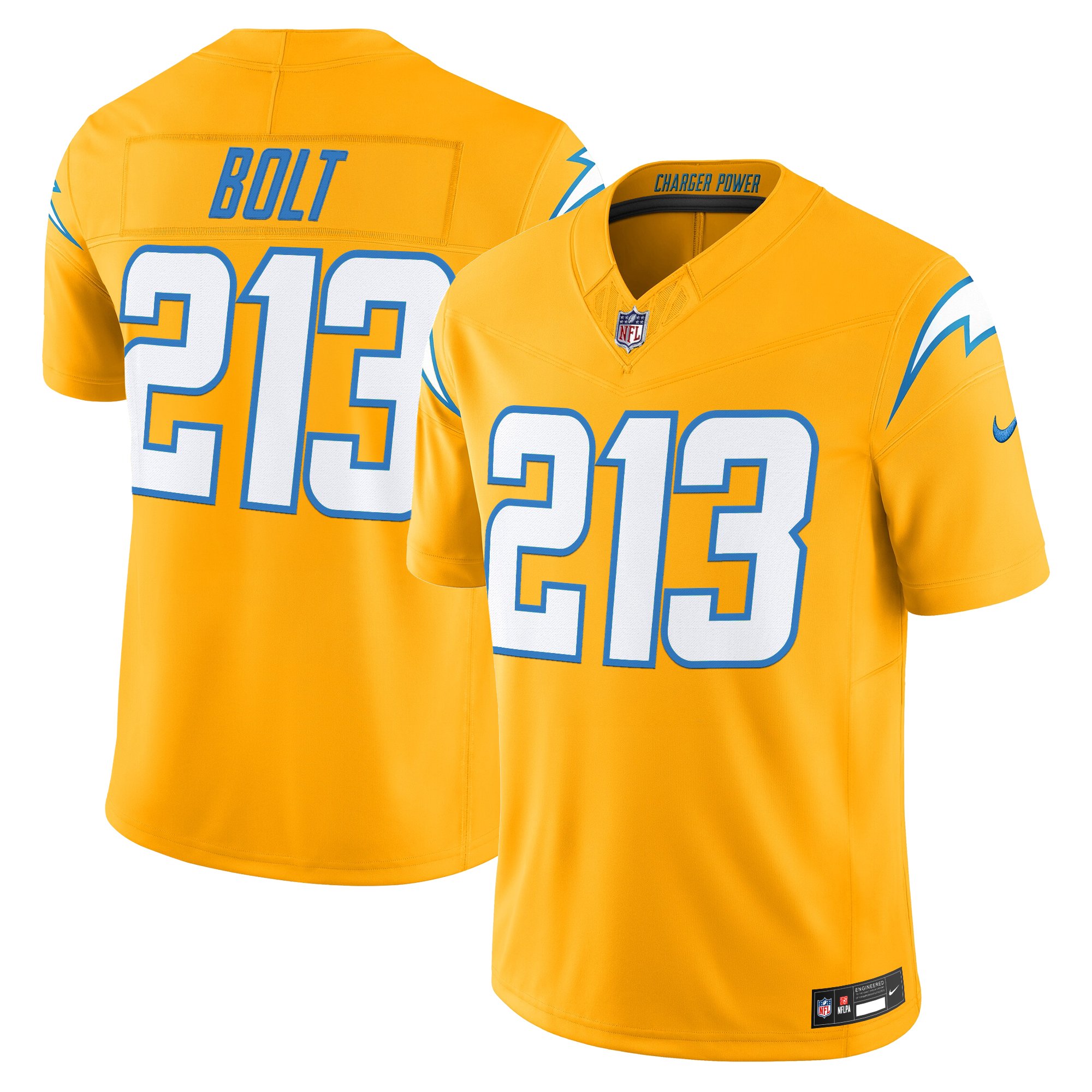 Men's Los Angeles Chargers 2025 Alternate Charger Power Vapor Limited Gold Bolt 213 Jersey - All Stitched