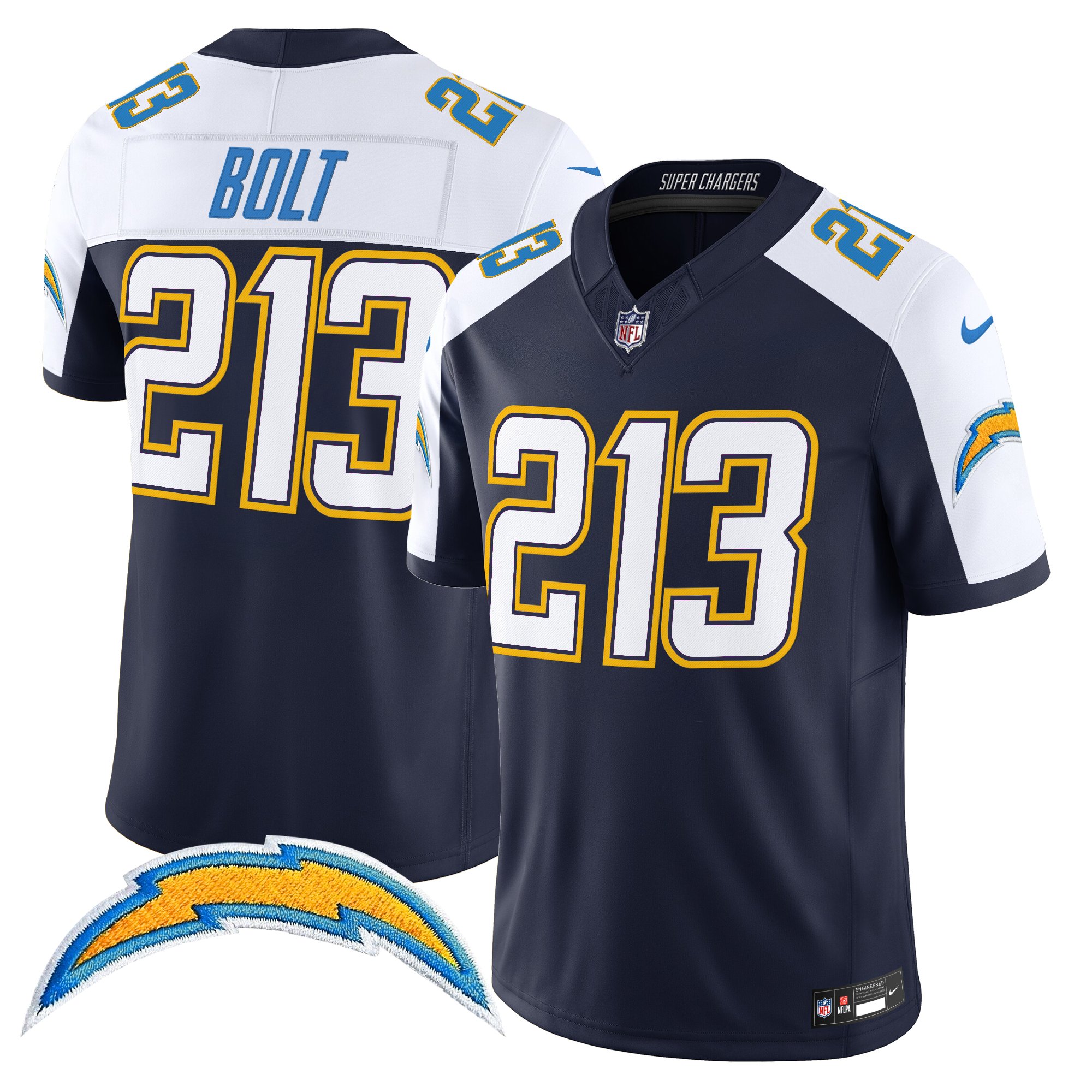 Men's Los Angeles Chargers 2025 Alternate Charger Power Vapor Limited Navy Alternate Bolt 213 Jersey - All Stitched