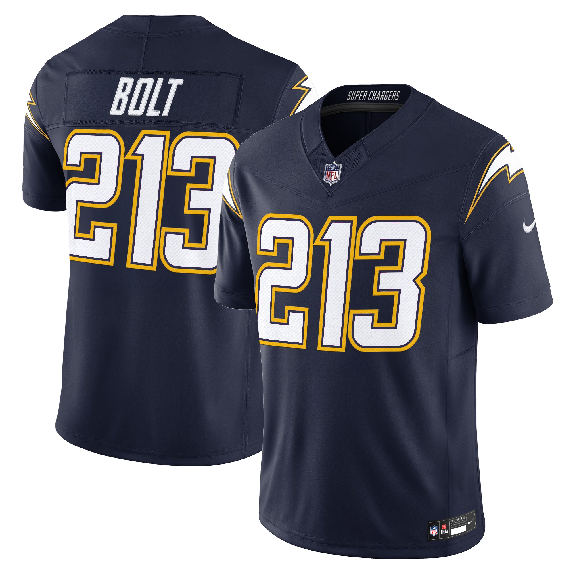 Men's Los Angeles Chargers 2025 Alternate Charger Power Vapor Limited Navy Bolt 213 Jersey - All Stitched