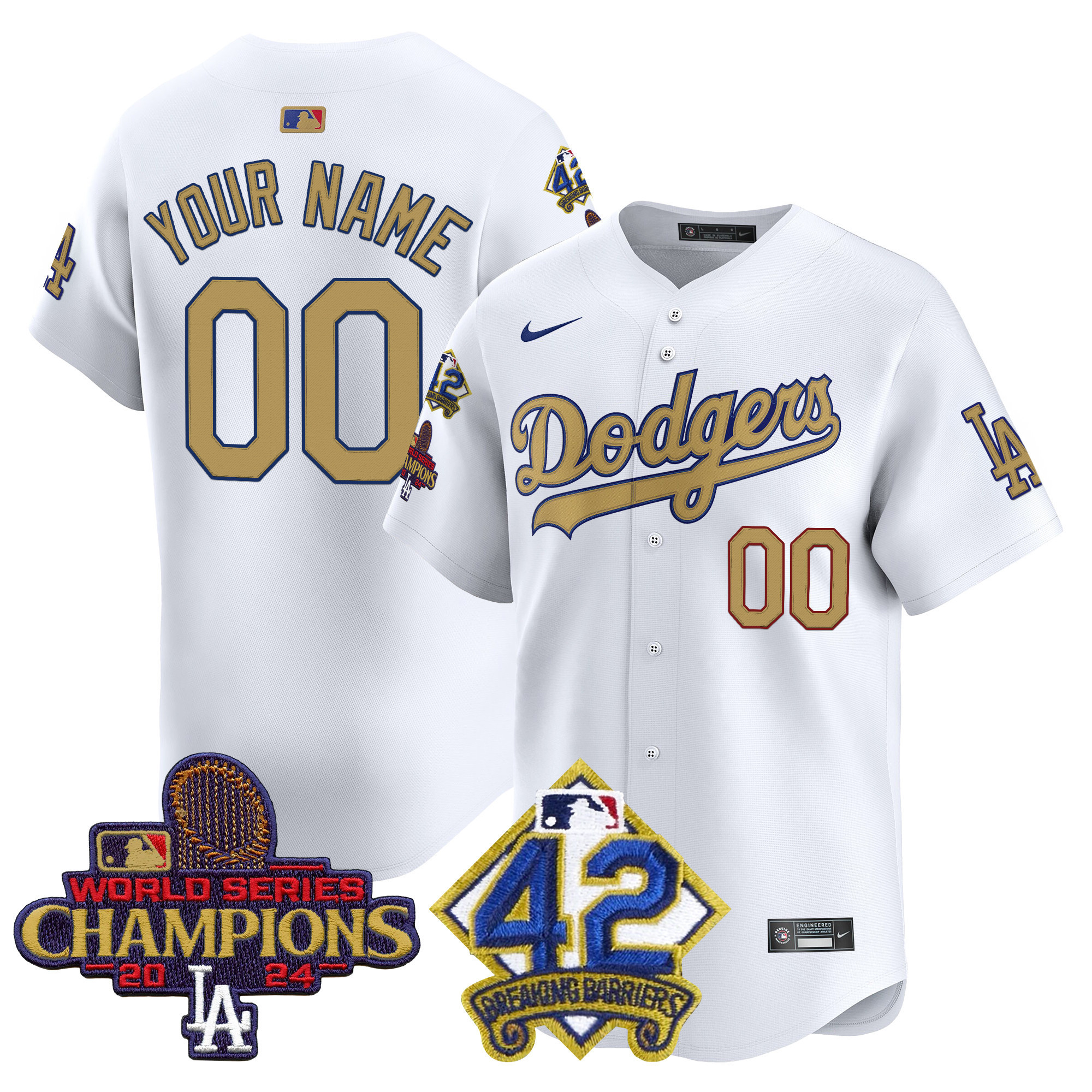 Men's Los Angeles Dodgers 2024 World Series Champions & Jackie Robinson Patch Vapor Premier Limited Custom White Jersey - All Stitched