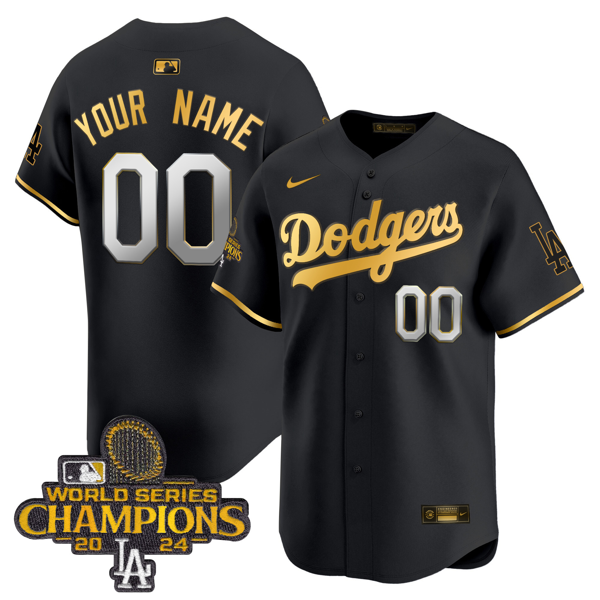 Men's Los Angeles Dodgers 2024 World Series Champions Gold Trim Vapor Premier Limited Custom Black Gold Jersey - All Stitched