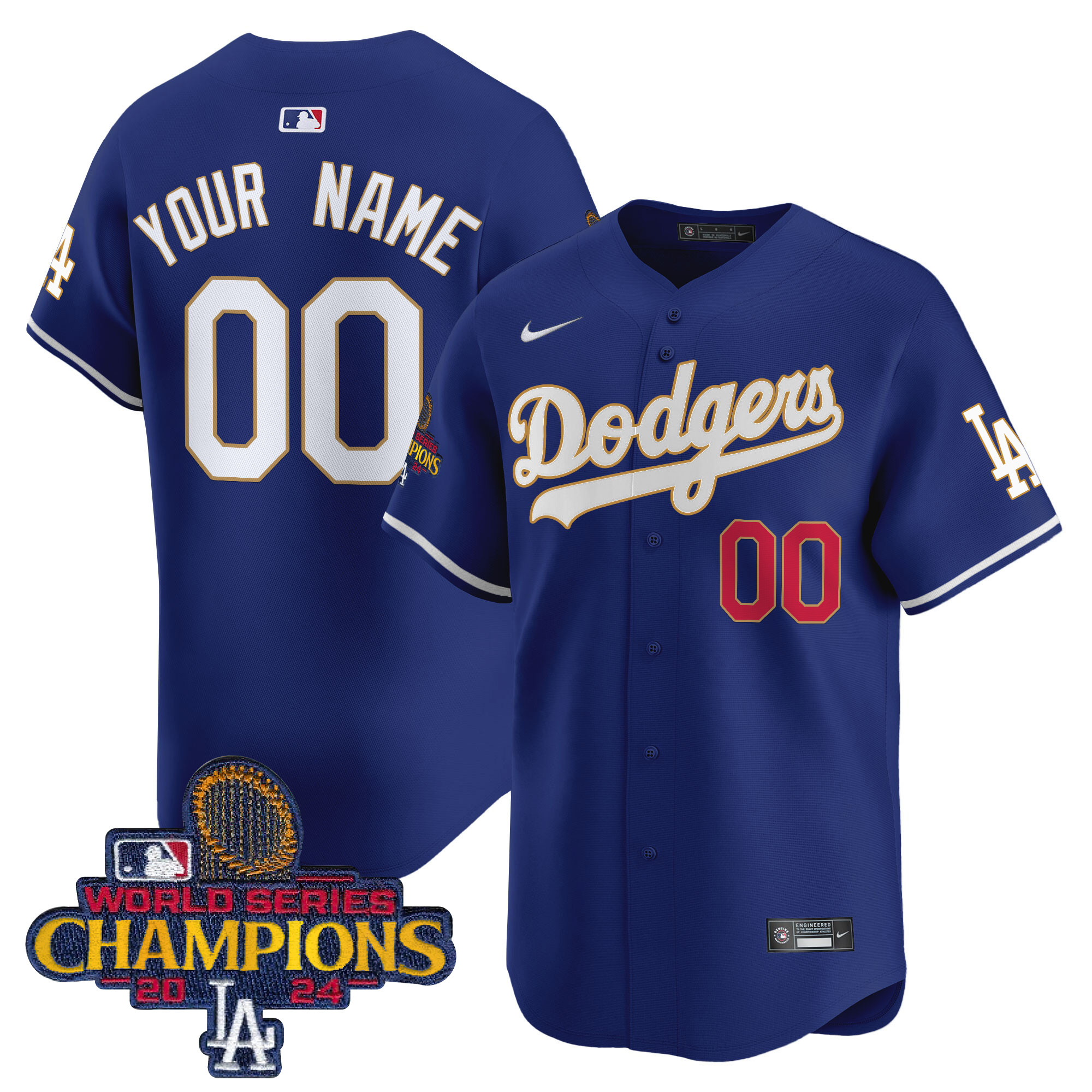 Men's Los Angeles Dodgers 2024 World Series Champions Gold Trim Vapor Premier Limited Custom Royal Jersey - All Stitched