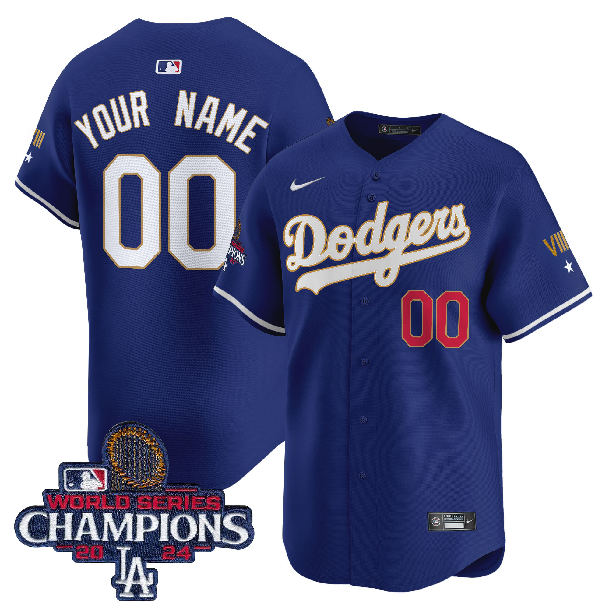 Men's Los Angeles Dodgers 2024 World Series Champions Gold Trim Vapor Premier Limited Custom Royal Jersey - All Stitched