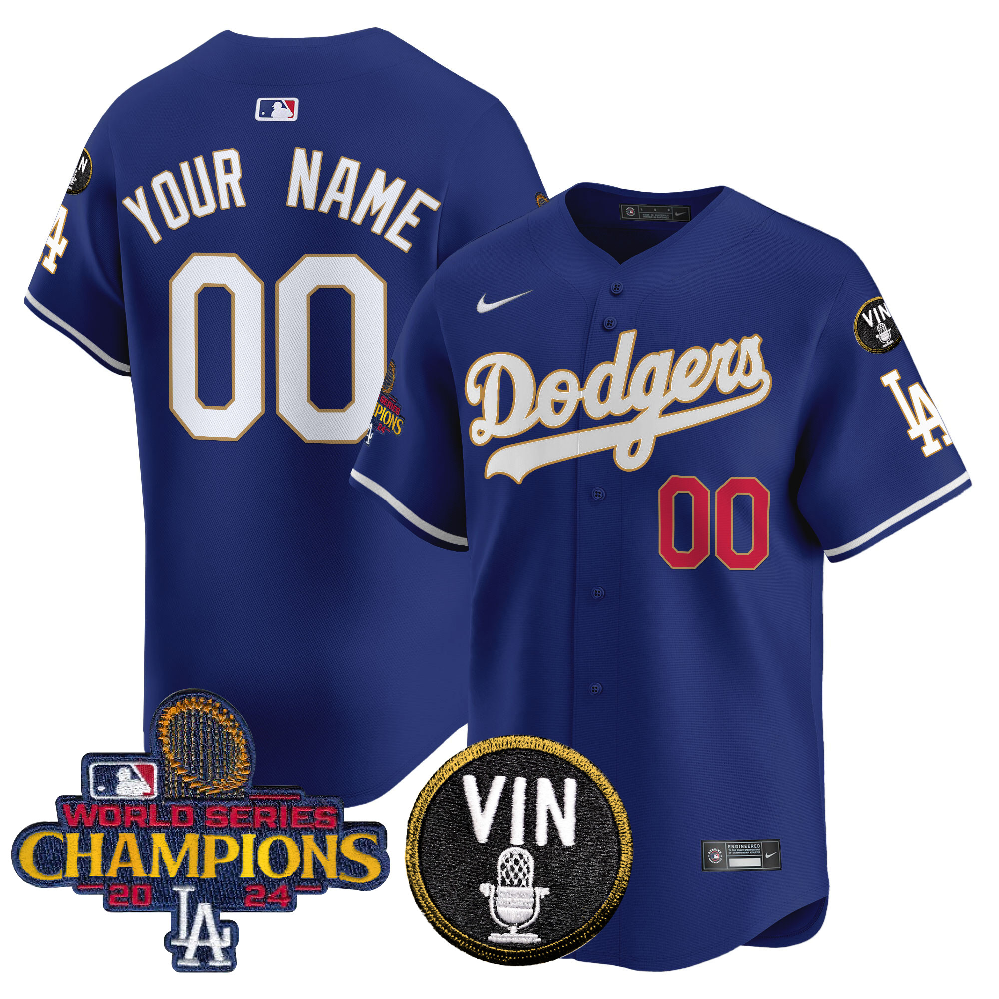 Men's Los Angeles Dodgers 2024 World Series Champions Gold Trim Vapor Premier Limited Custom Royal Jersey V3 - All Stitched