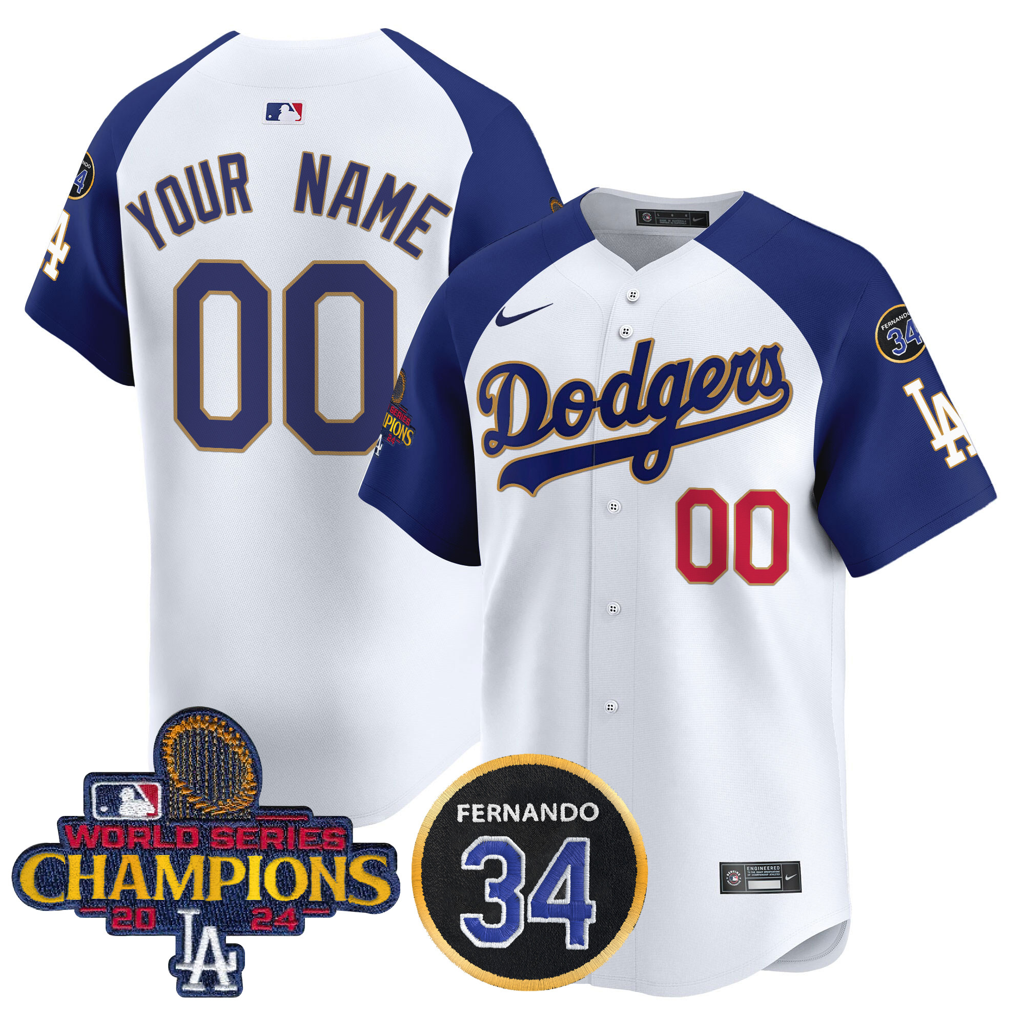 Men's Los Angeles Dodgers 2024 World Series Champions Gold Trim Vapor Premier Limited Custom White Alternate Jersey V2 - All Stitched