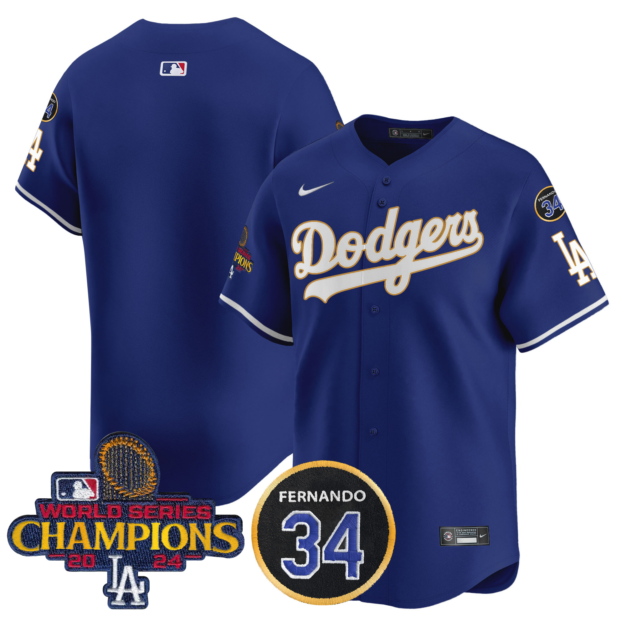 Men's Los Angeles Dodgers 2024 World Series Champions Gold Trim Vapor Premier Limited Royal Jersey V2 - All Stitched