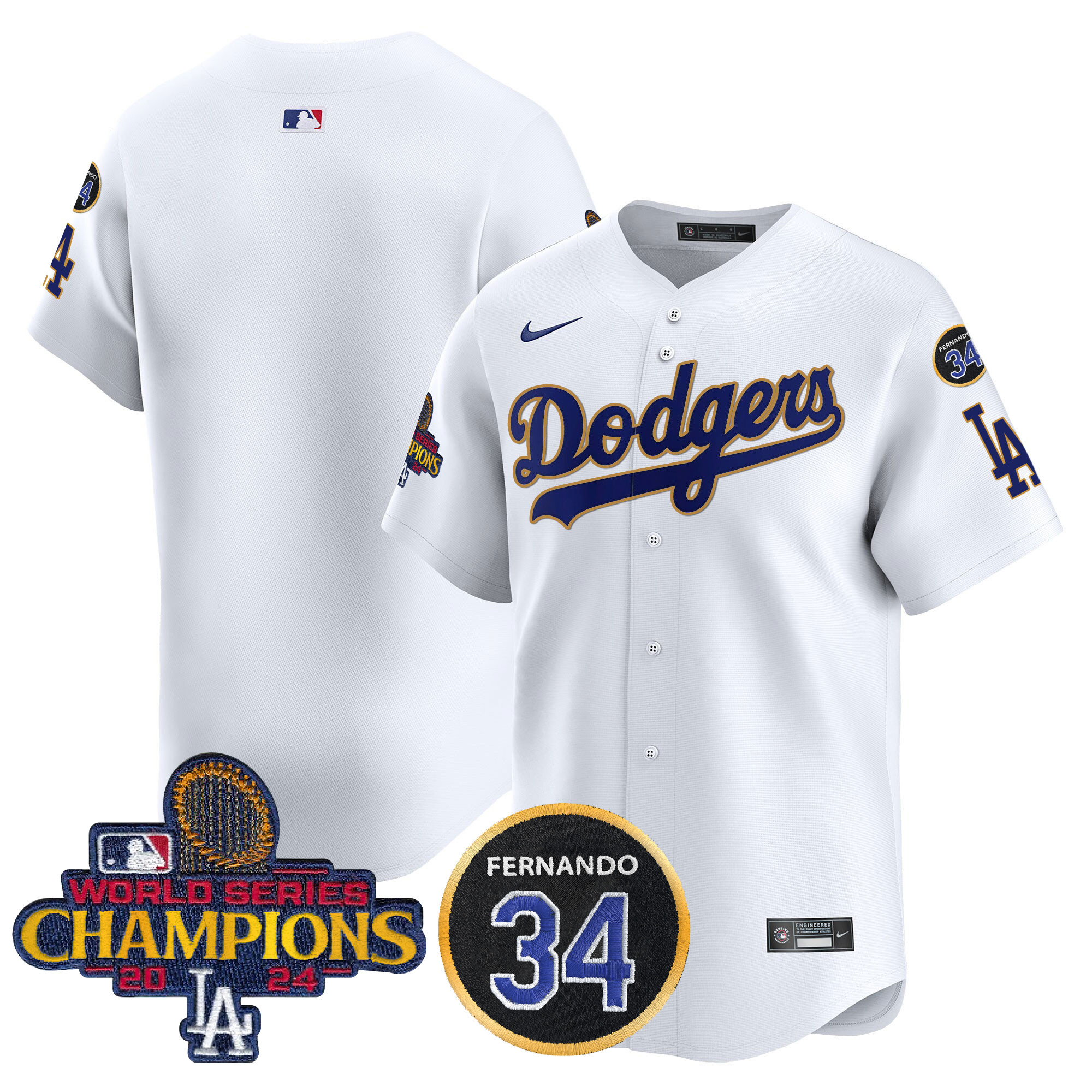 Men's Los Angeles Dodgers 2024 World Series Champions Gold Trim Vapor Premier Limited White Jersey V2 - All Stitched