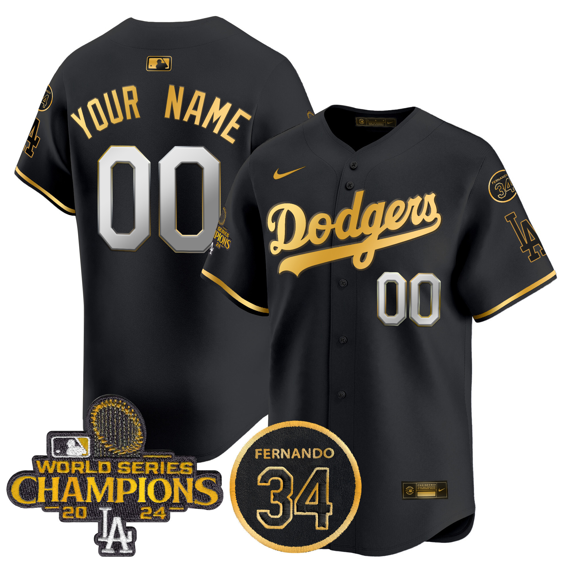 Men's Los Angeles Dodgers 2024 World Series Champions Patch Vapor Premier Limited Custom Black Gold Jersey V2 - All Stitched