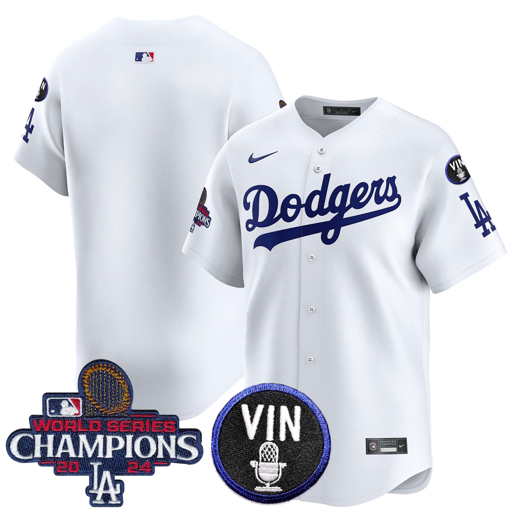 Men's Los Angeles Dodgers 2024 World Series Champions Patch Vapor Premier Limited White Jersey V3 - All Stitched